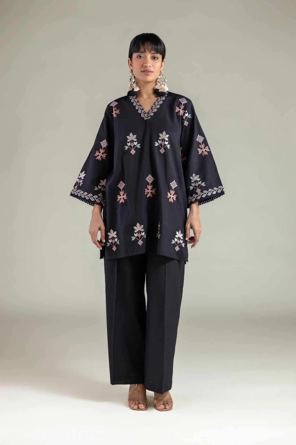 Embroidered Cambric Black Tailored Suit - T-A22-26-218FH1-VG