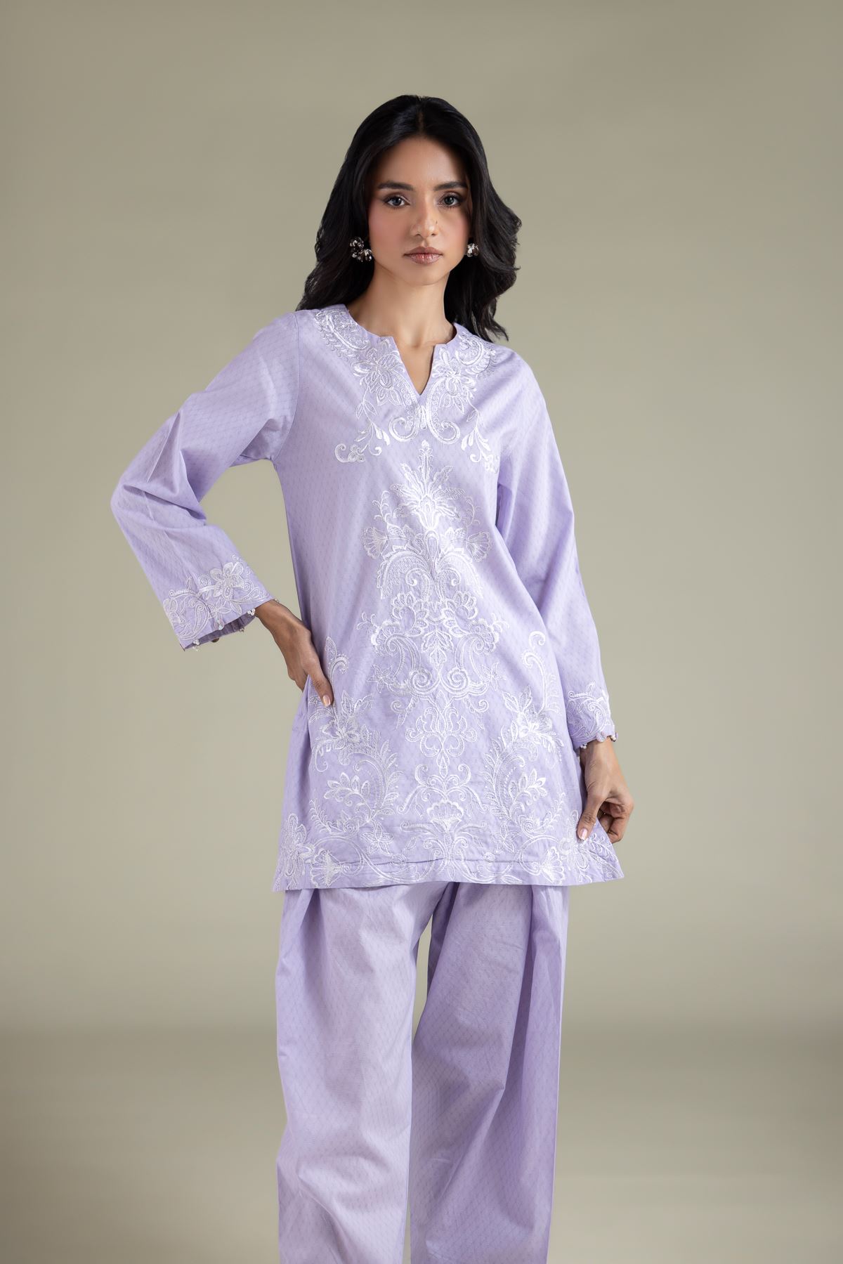 Embroidered Cotton Dobby Thread Work Kurta - 1-26-115-A-B-VG