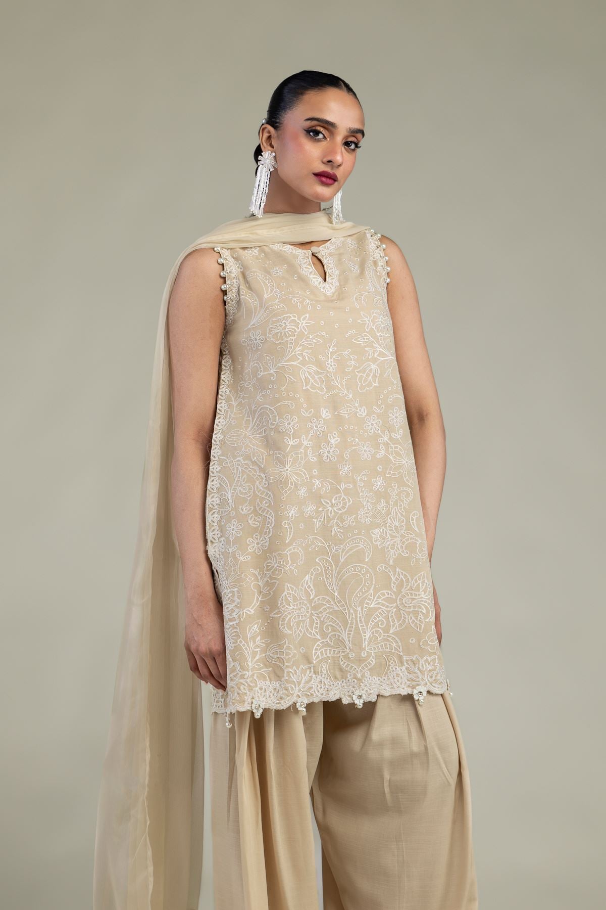 Embroidered Raw Silk Beige Sleeveless Kurta - 2-26-304-C-G1-VG
