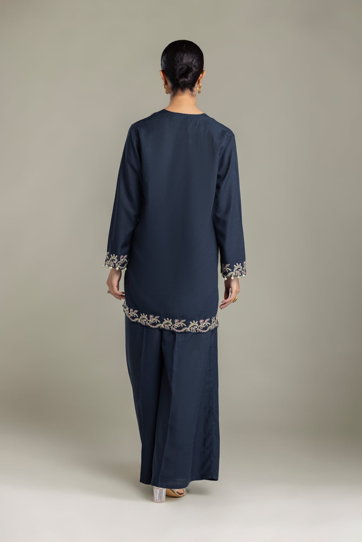 Embroidered Raw Silk Short Navy Kurta - 2-26-202-A-D-VG