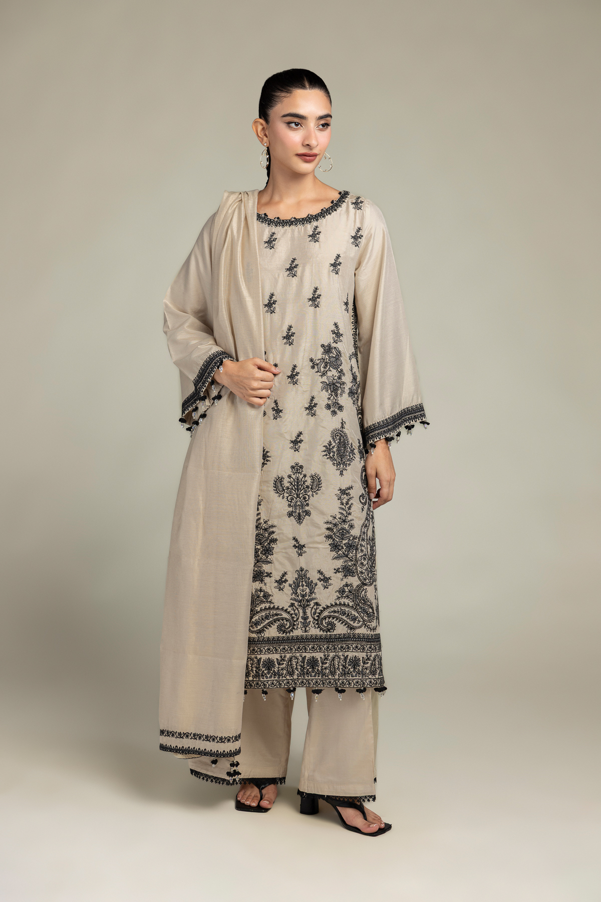 Embroidered Raw Silk Floral Beige Kurta - 1-26-102-A-F-VG