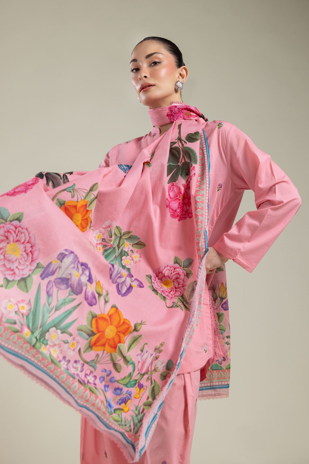 Embroidered Lawn Floral Lawn Dupatta - 25-09-10E4-04TB-VG