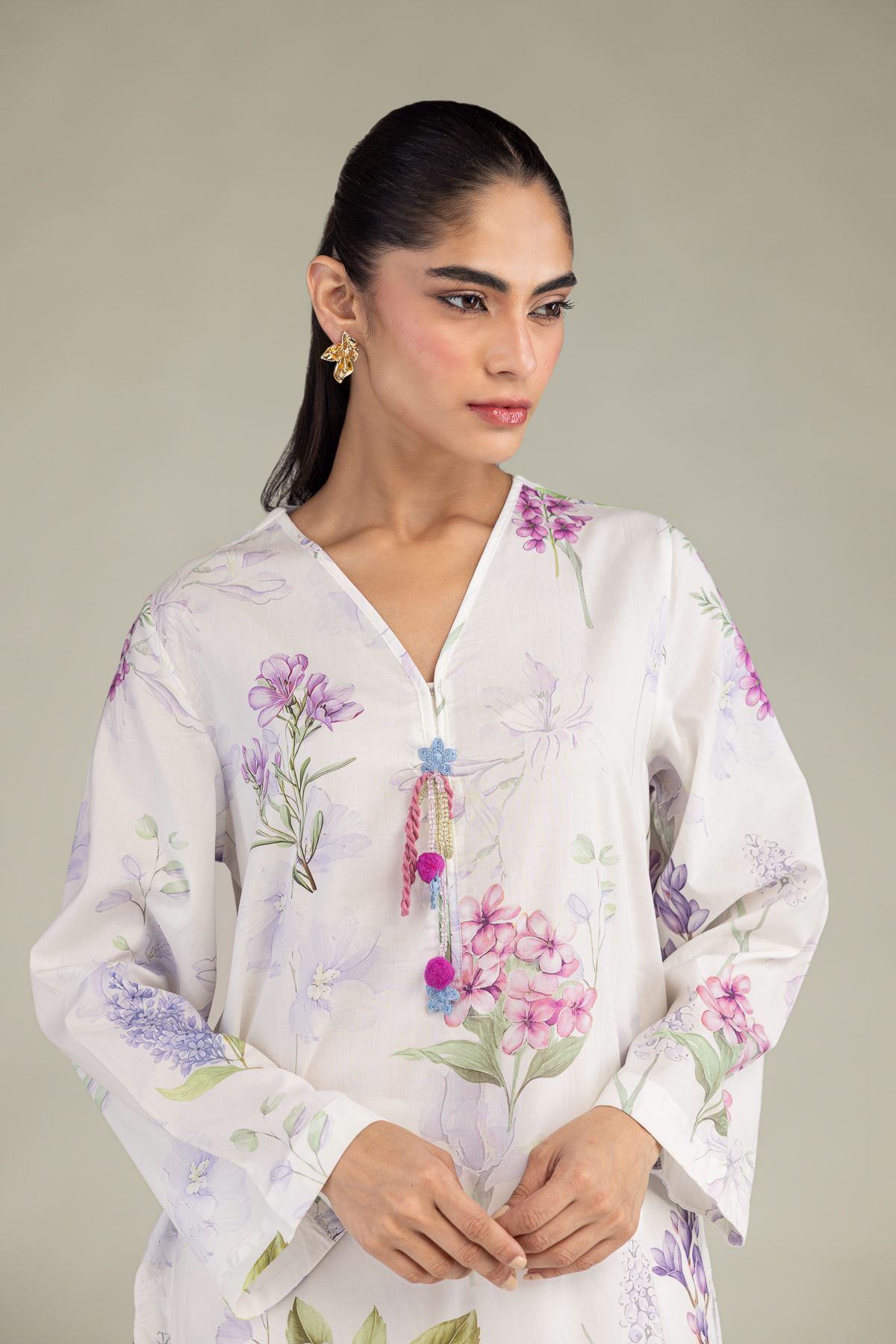 Printed Cotton Viscose White V-Neck Kurta - T-CHD04A-R-VG