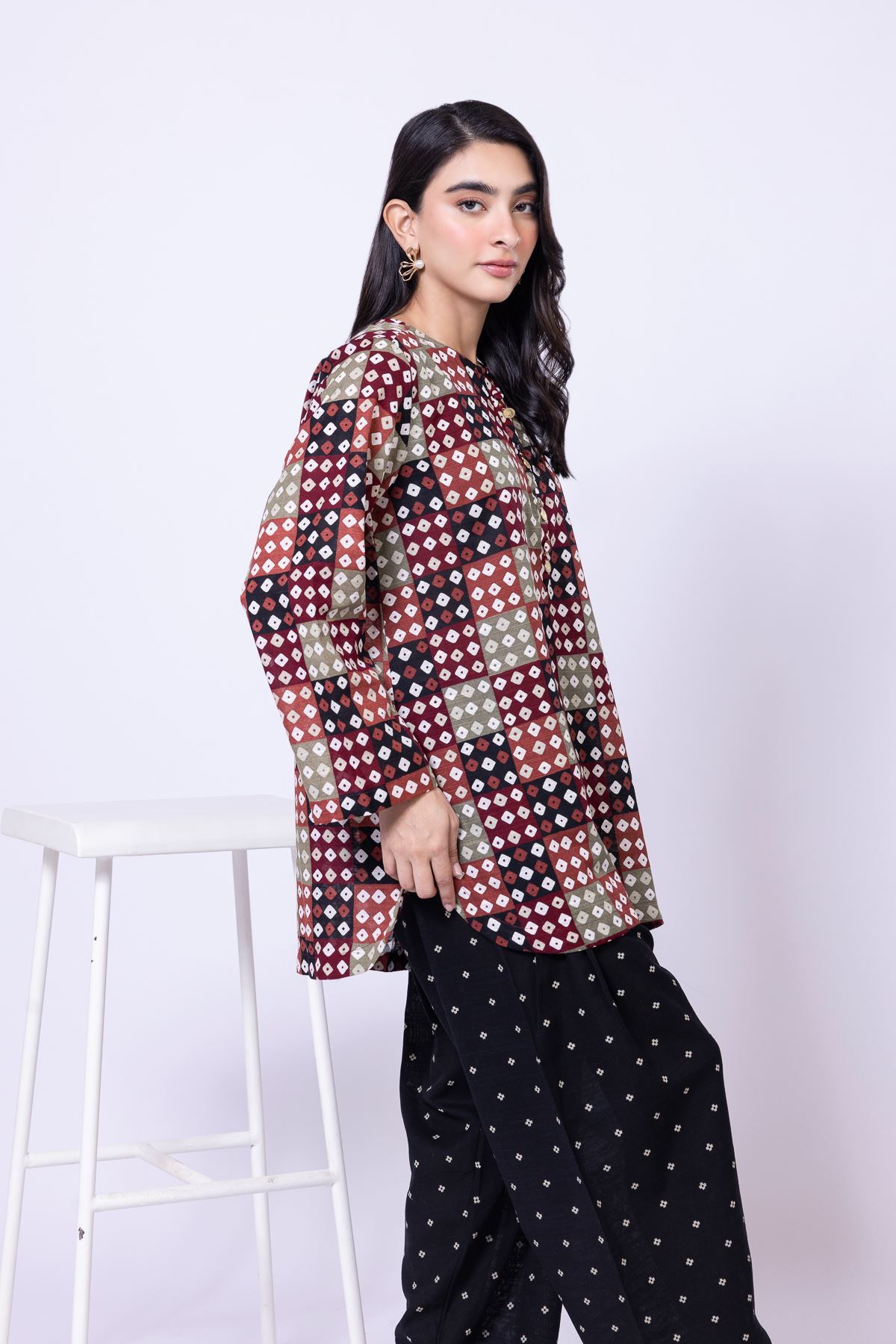 Printed Khaddar Short Geometric Kurta - 25-09-12E2-01TA-VG