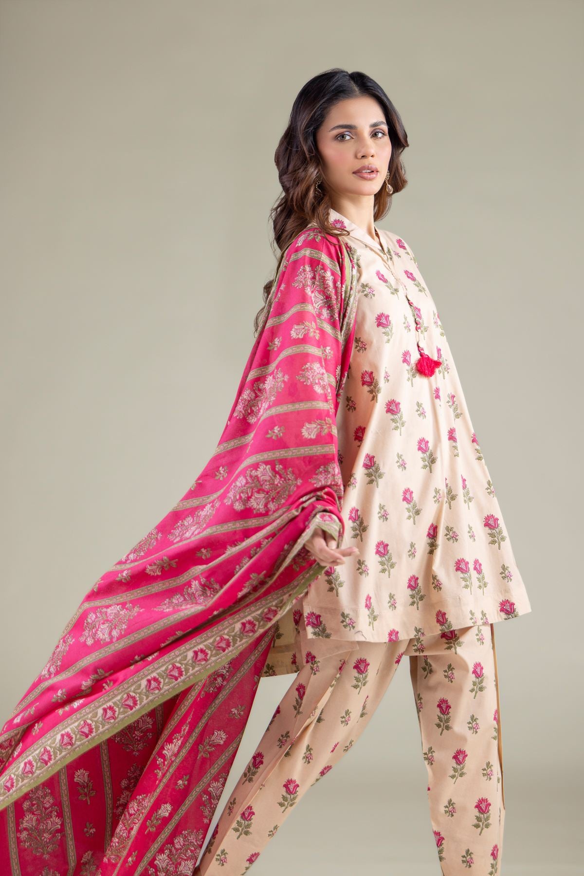 Printed Cambric Floral Tassel Kurta - 1-26-133-A-D-VG
