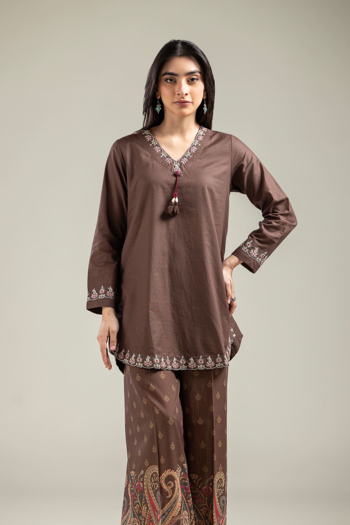 Embroidered Mesuri Brown V-Neck Kurta - T-A22-26-122FI1-VG