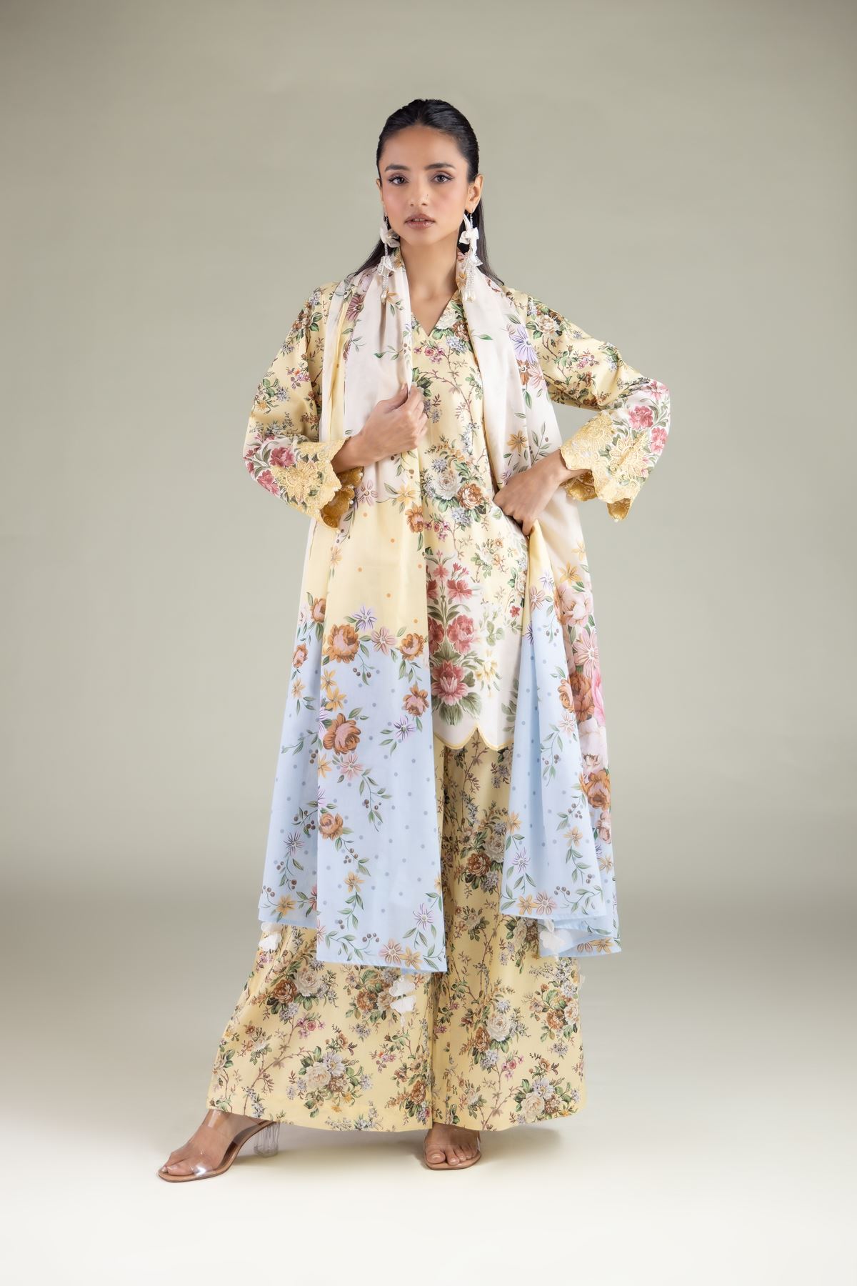 Embroidered Lawn Floral Dotted Dupatta - 1-26-129-A-C-VG