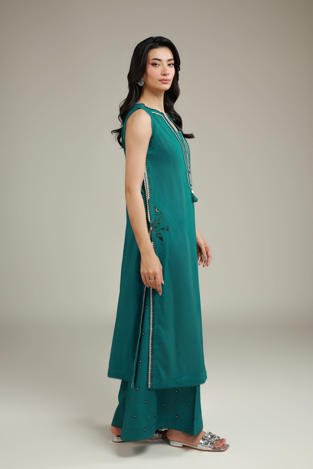 Embroidered Cambric Teal Cambric Pants - 1-26-120-A-G-VG