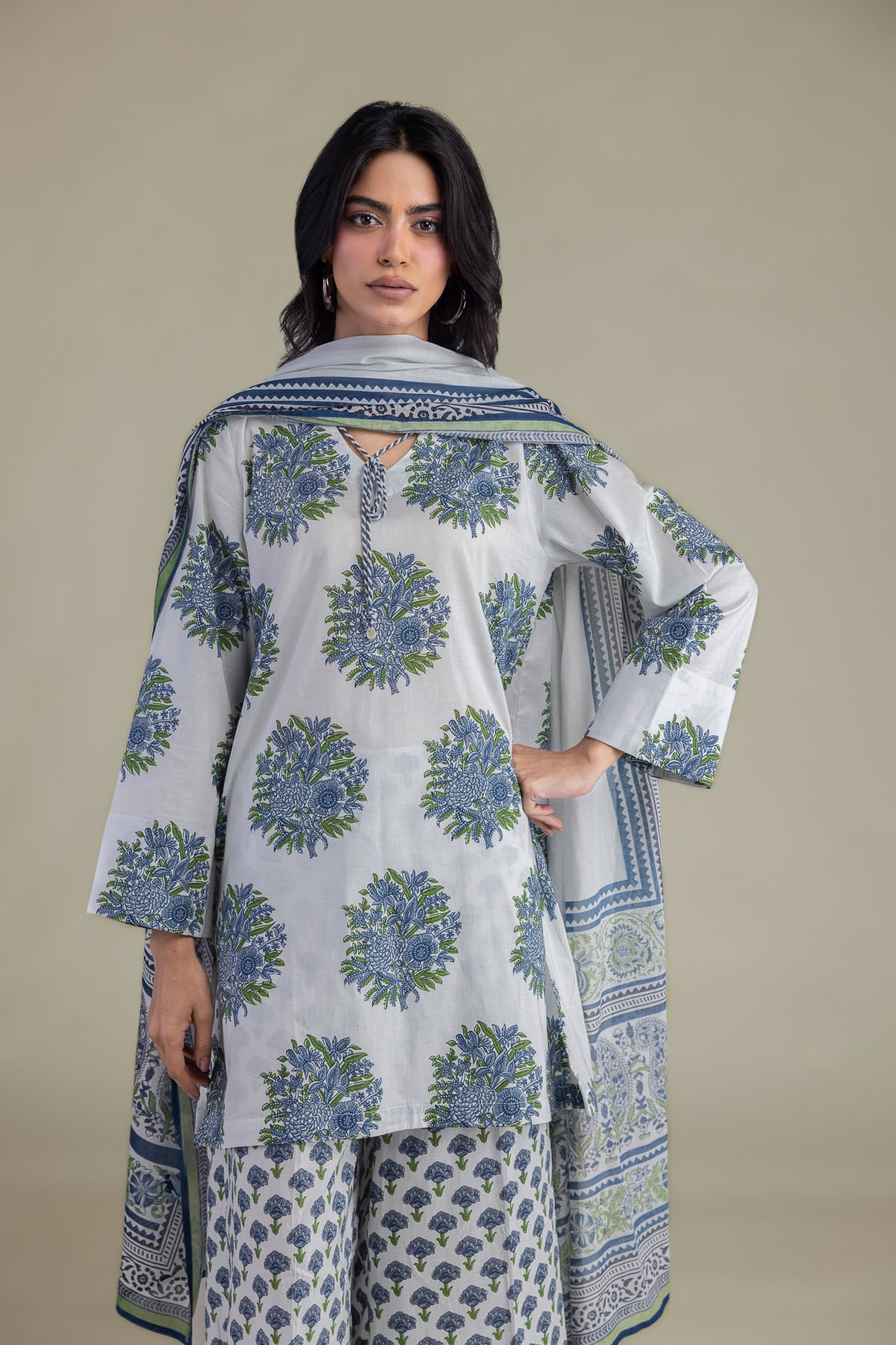 Printed Cambric Floral V-Neck Kurta - 1-26-309-B-D1-VG