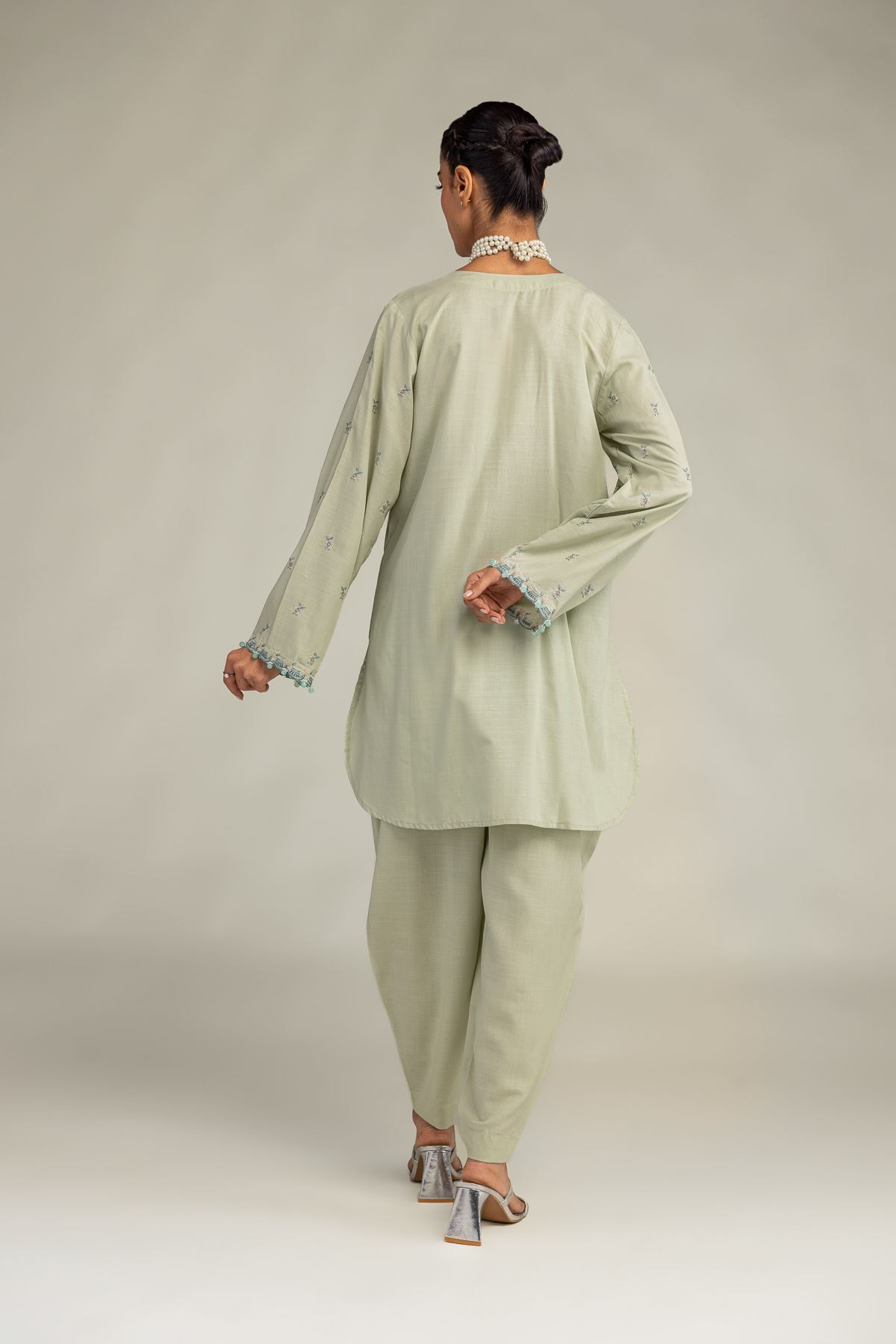Embroidered Raw Silk Floral Mint Kurta - 2-26-306-A-D1-VG