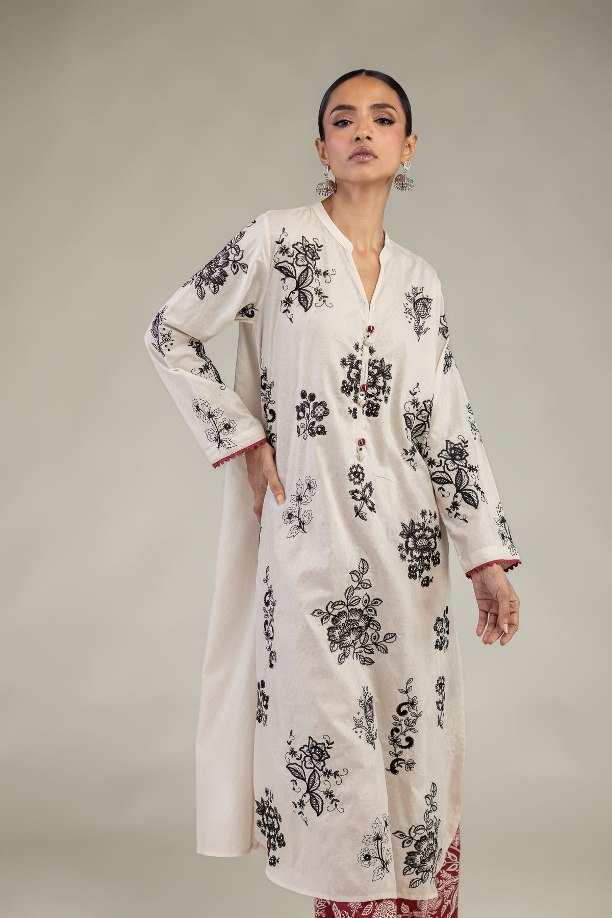 Embroidered Cotton Dobby Floral Longline Kurta - 1-26-226-A-I1-VG