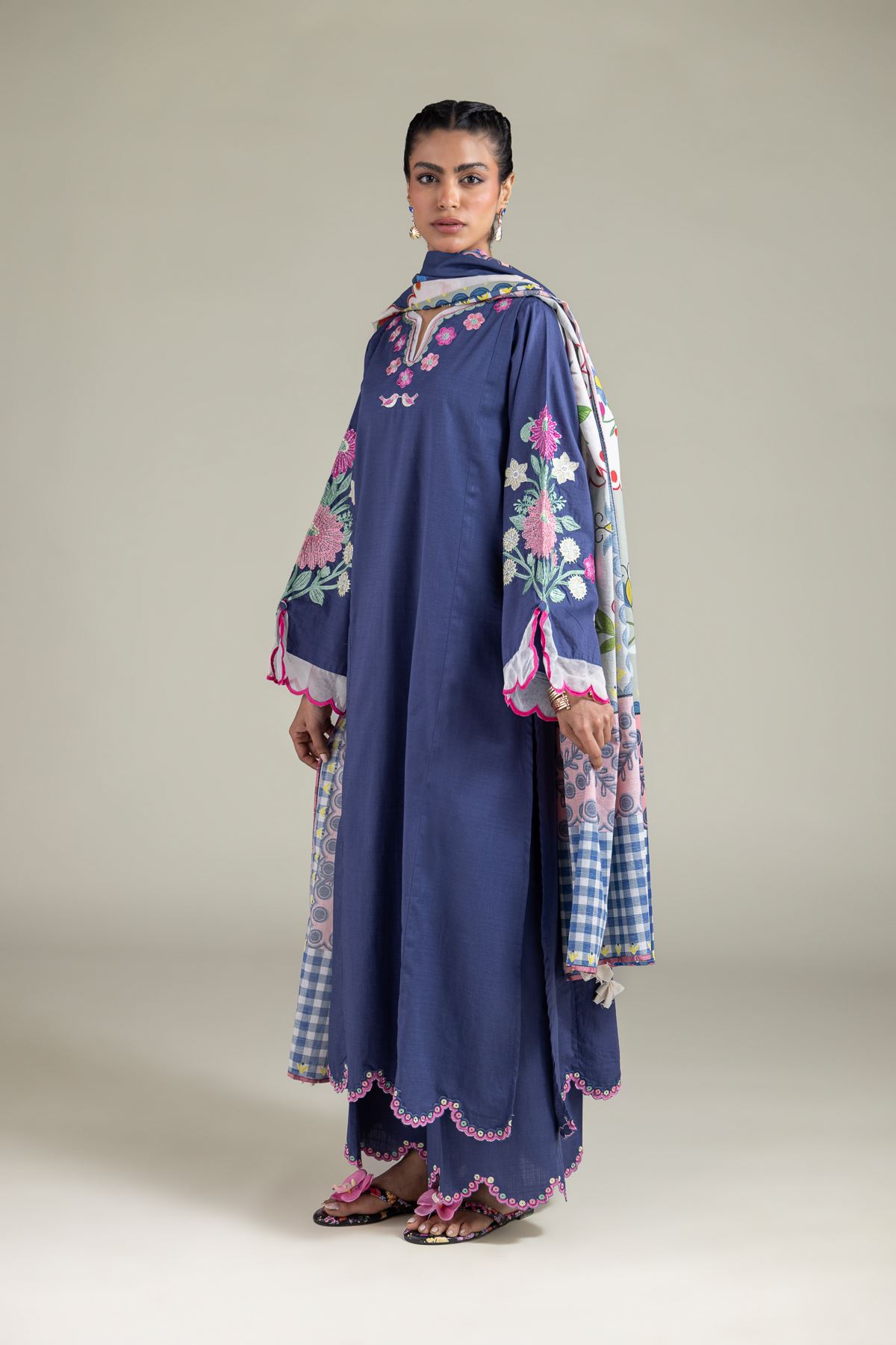 Embroidered Textured Cotton Geometric Dupatta - 1-26-102-A-F-VG