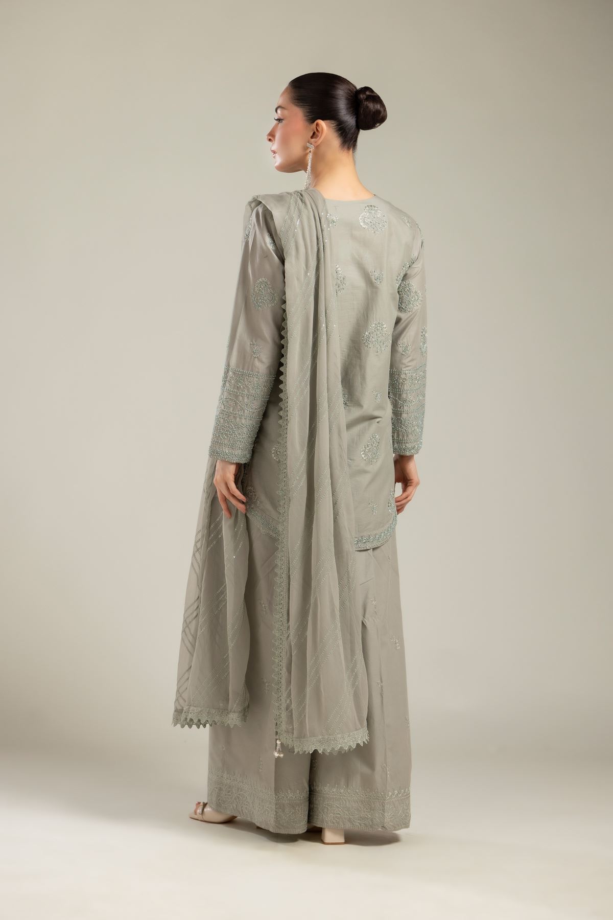 Embroidered Raw Silk 3 Piece Co-ord Set - T-A22-26-124FC1-VG