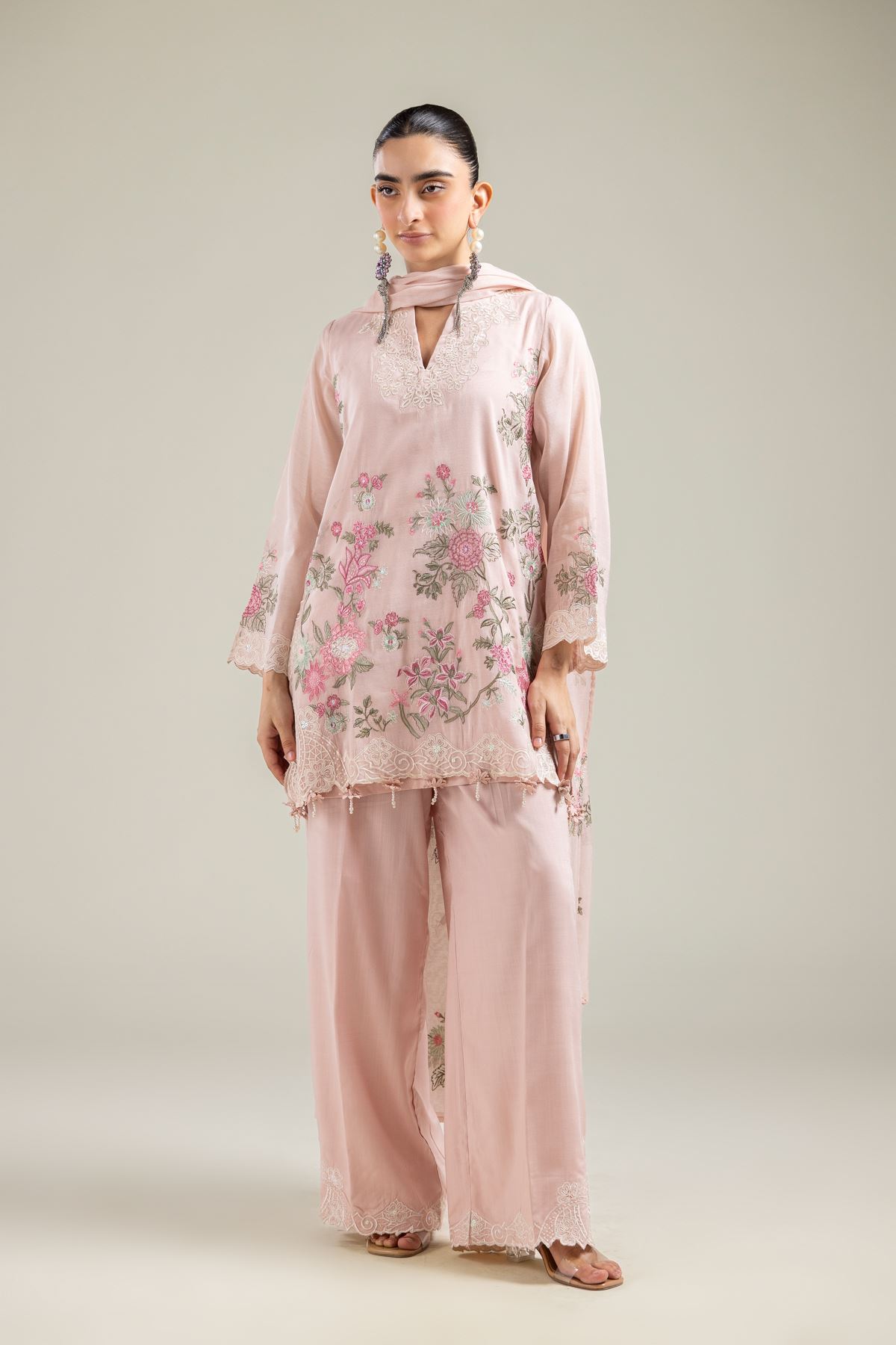 Raw Silk Floral Pink Pants - 2-26-109-A-B-VG