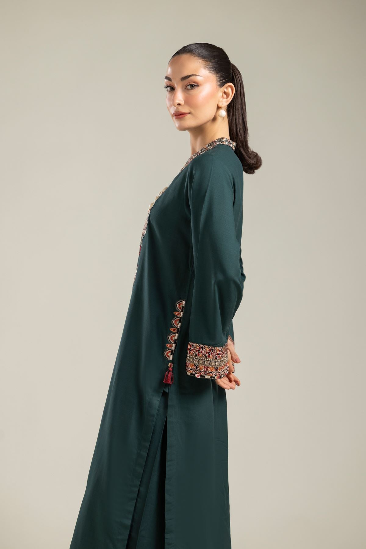 Embroidered Raw Silk Green Longline Kurta - 1-26-106-A-D-VG