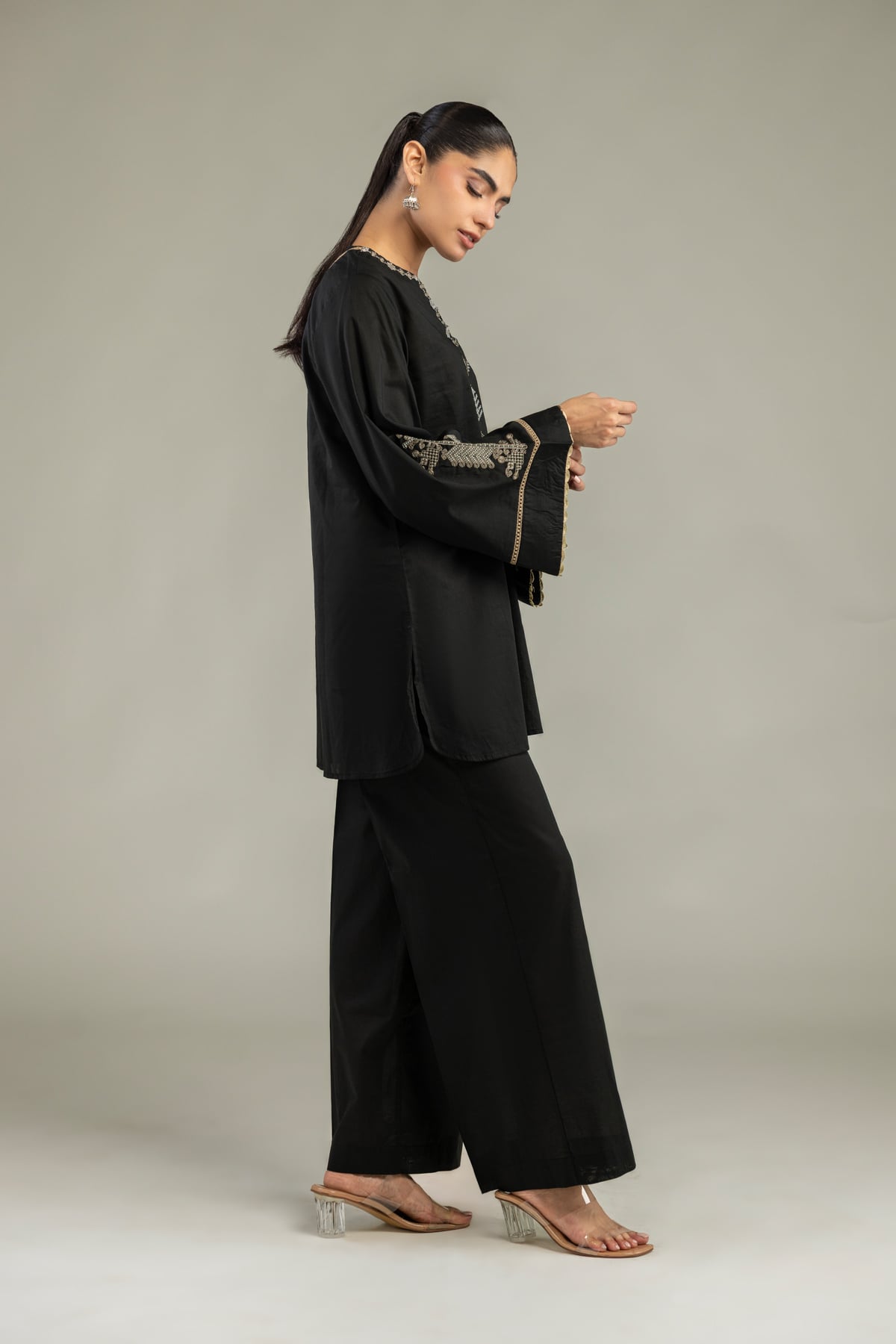 Embroidered Cambric Black Solid Pants - 1-26-102-A-F-VG