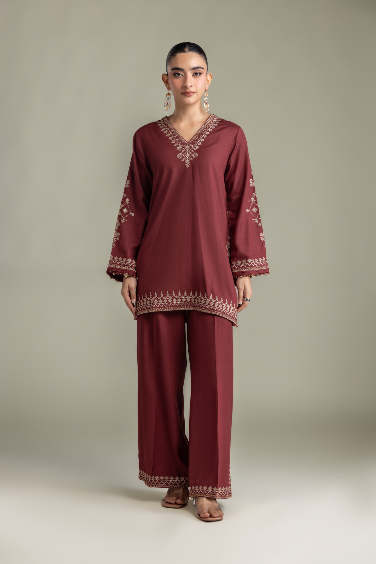 Embroidered Raw Silk Short Embroidered Kurta - 2-26-202-A-D-VG
