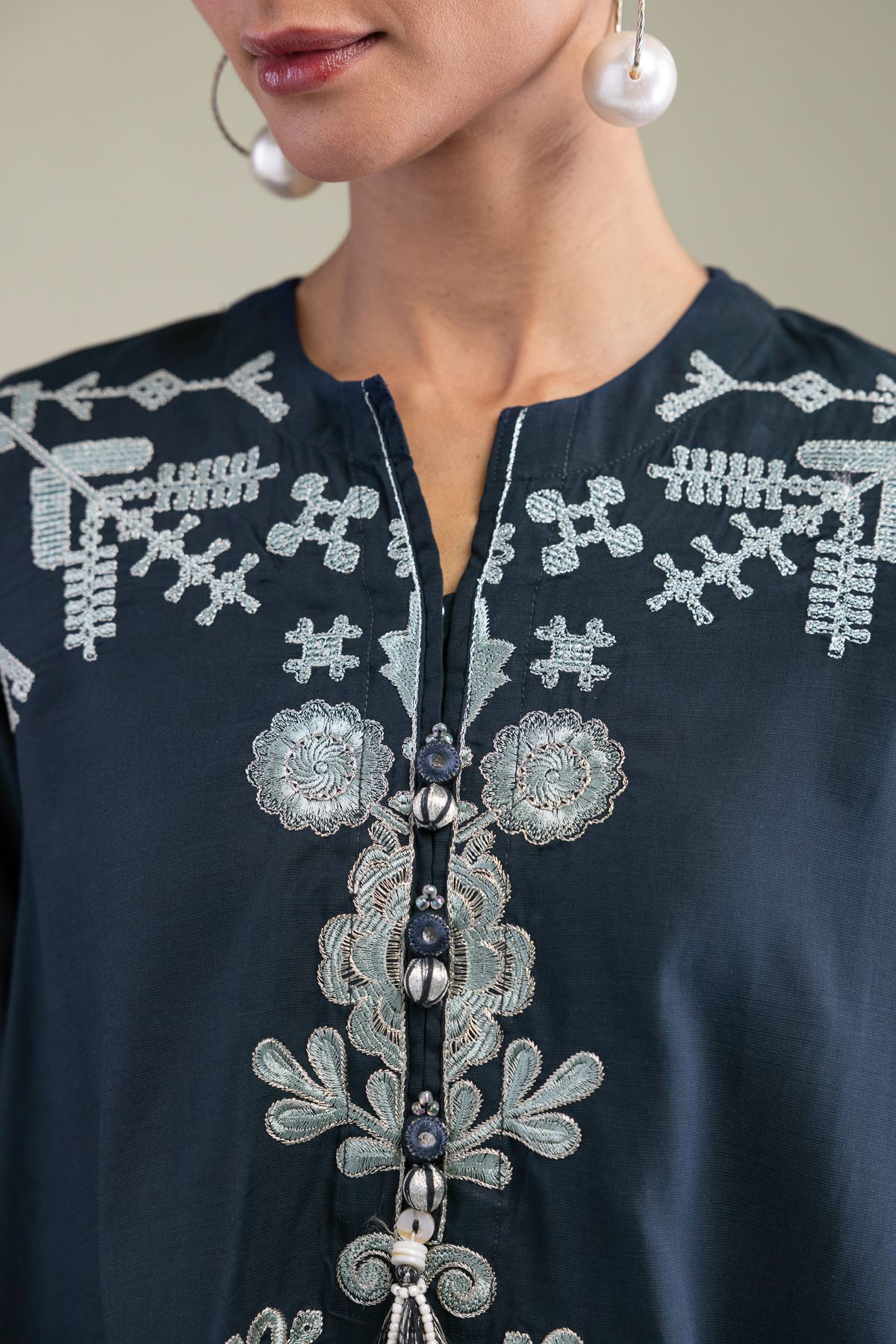 Embroidered Raw Silk Floral Navy Kurta - 8-26-209-A-D1-VG