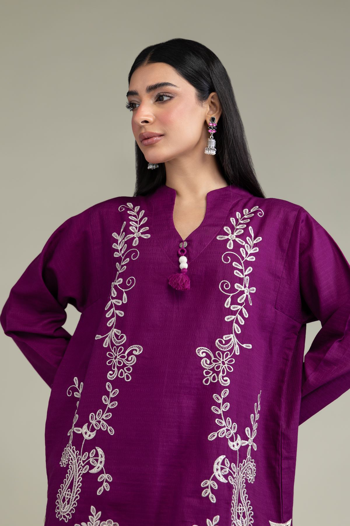 Embroidered Cotton Dobby Floral Longline Kurta - 1-26-247-B-E1-VG