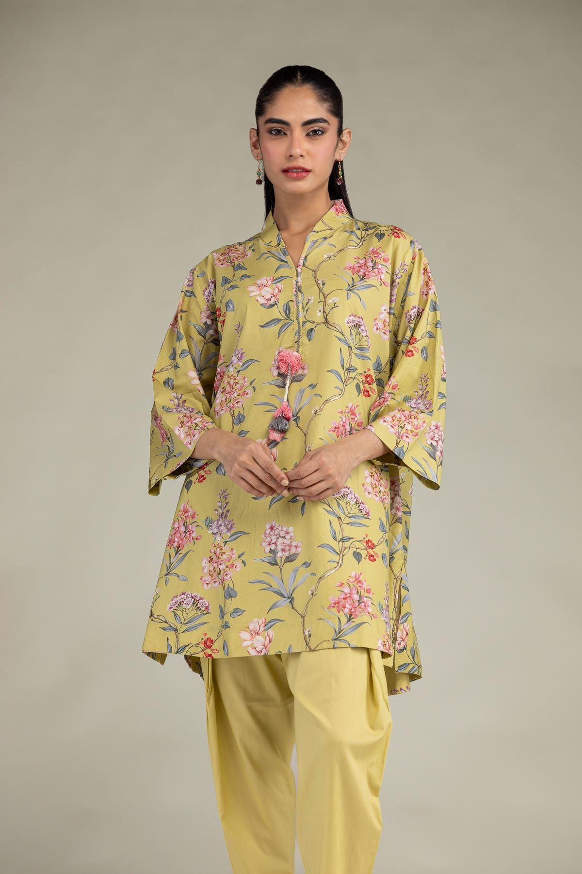 Printed Cotton Viscose Floral V-Neck Kurta - 1-26-250-B-H1-VG