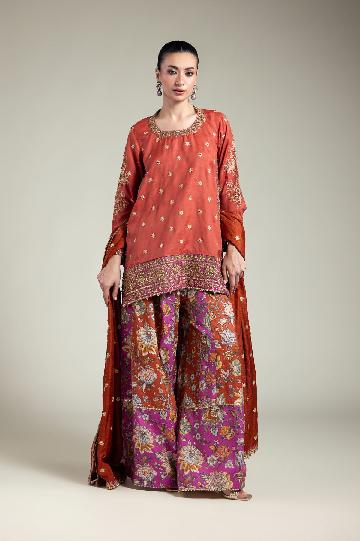 Embroidered Raw Silk Three-Piece Set - 5-26-104-F-E-VG