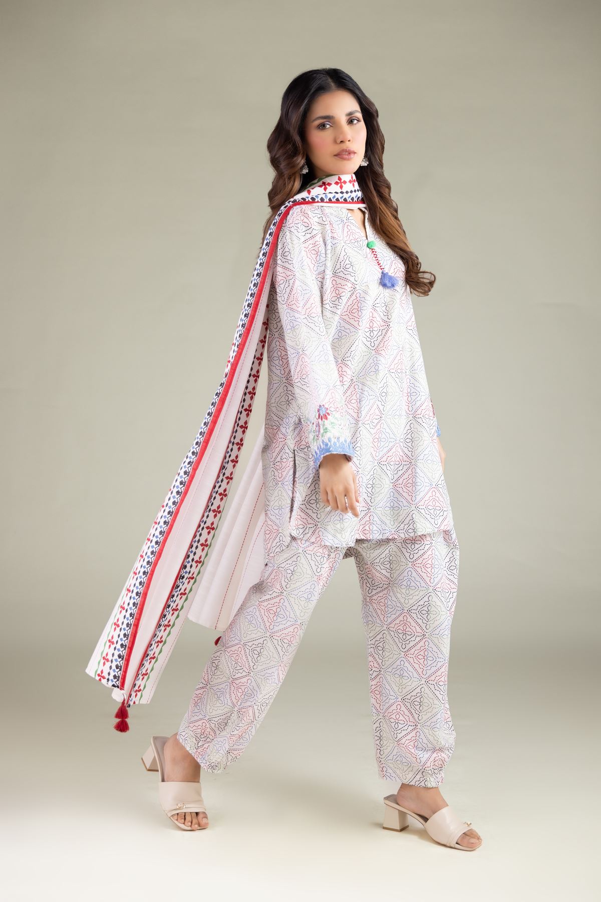 Embroidered Textured Cotton Tassel Dupatta - 1-26-115-C-A-VG
