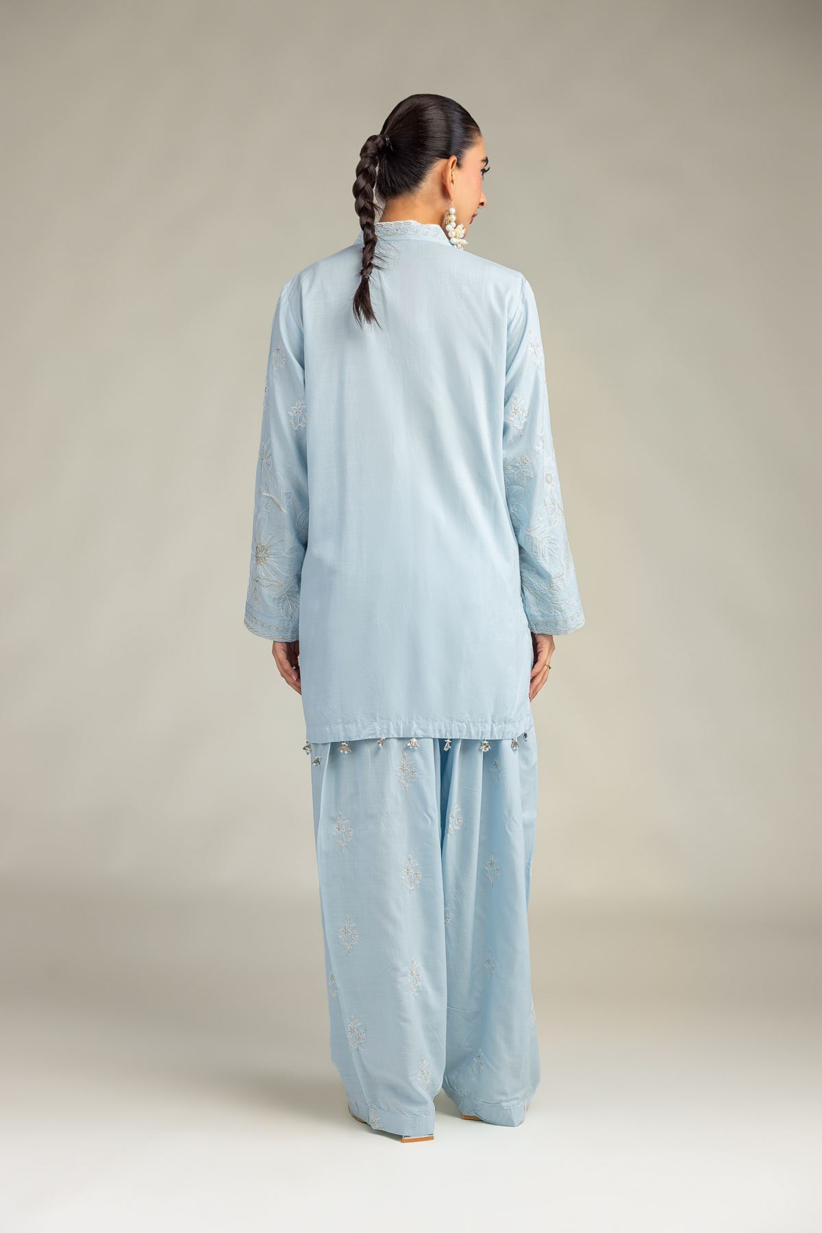 Embroidered Raw Silk Blue Floral Kurta - 1-26-322-B-A1-VG