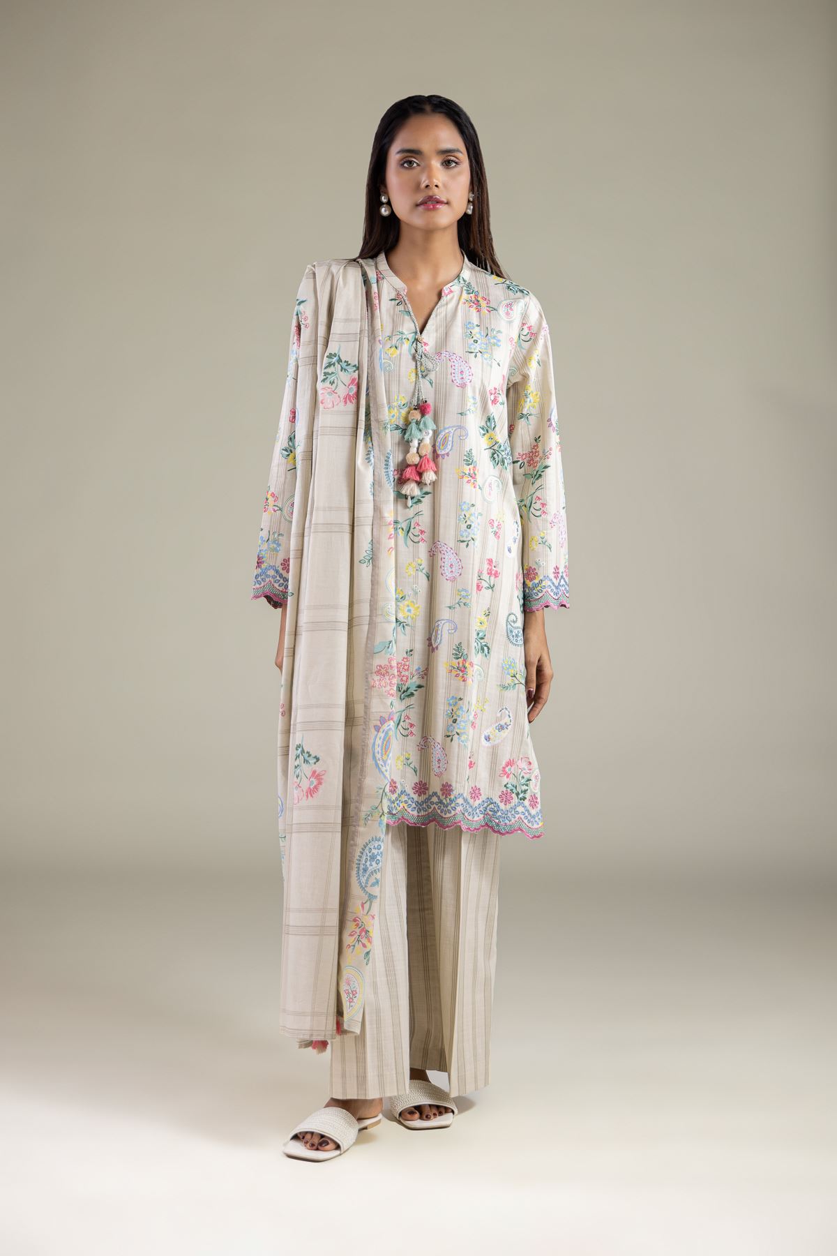 Embroidered Textured Cotton Pants - 1-26-123-A-H-VG
