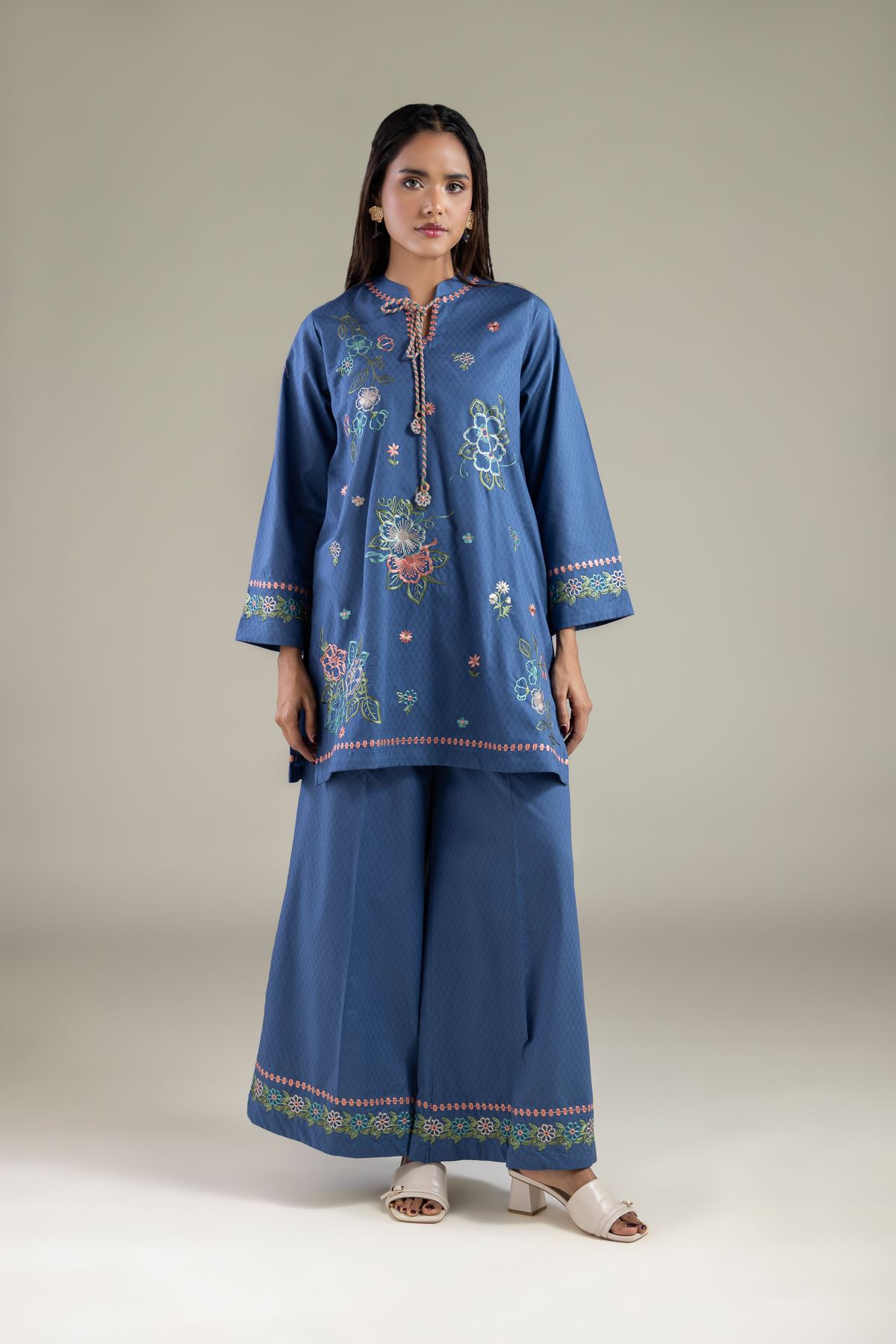Embroidered Cotton Dobby Floral Drawstring Kurta - 1-26-137-A-A-VG