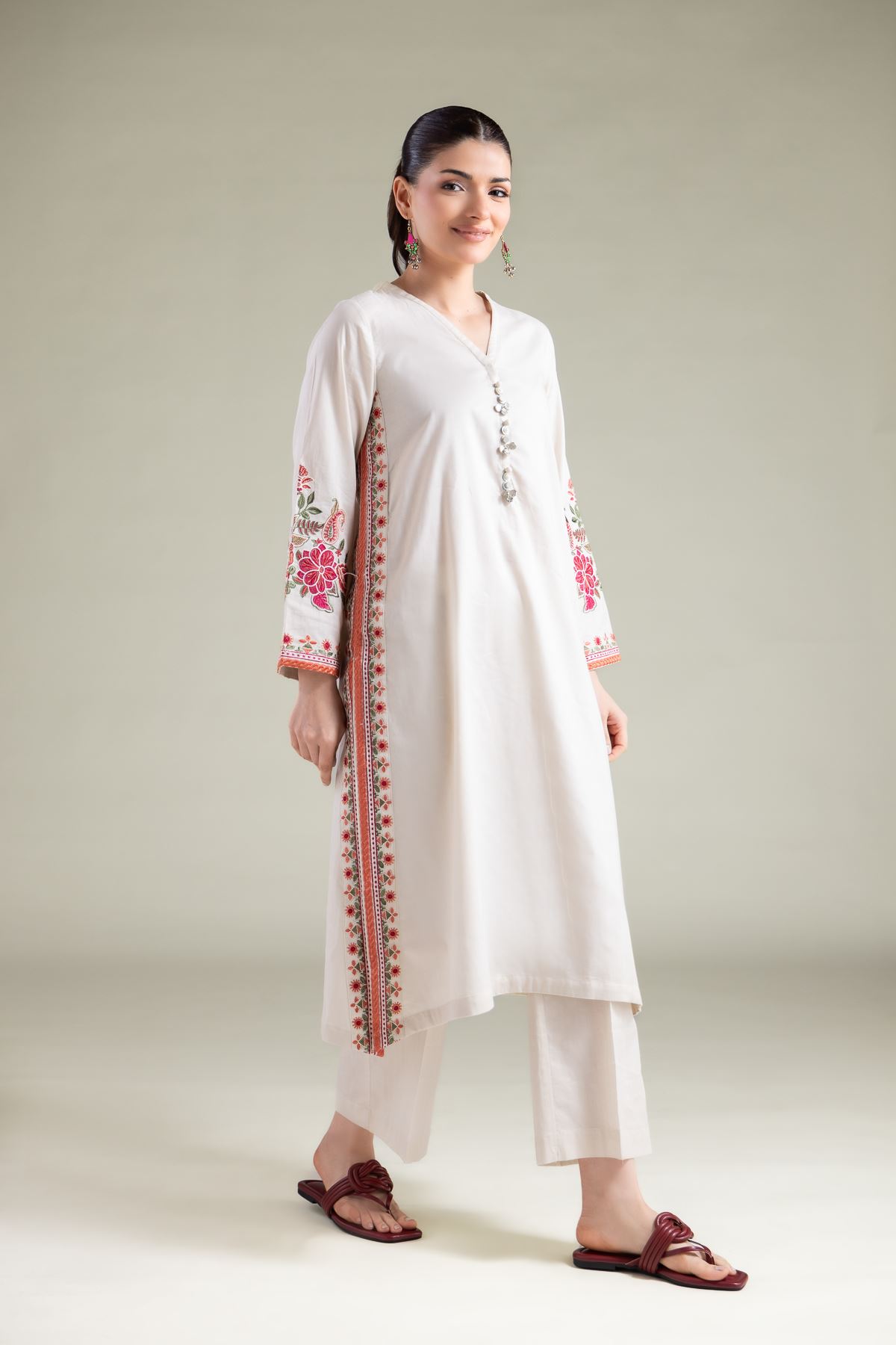 Embroidered Cotton Dobby Floral Longline Kurta - 1-26-108-A-F-VG