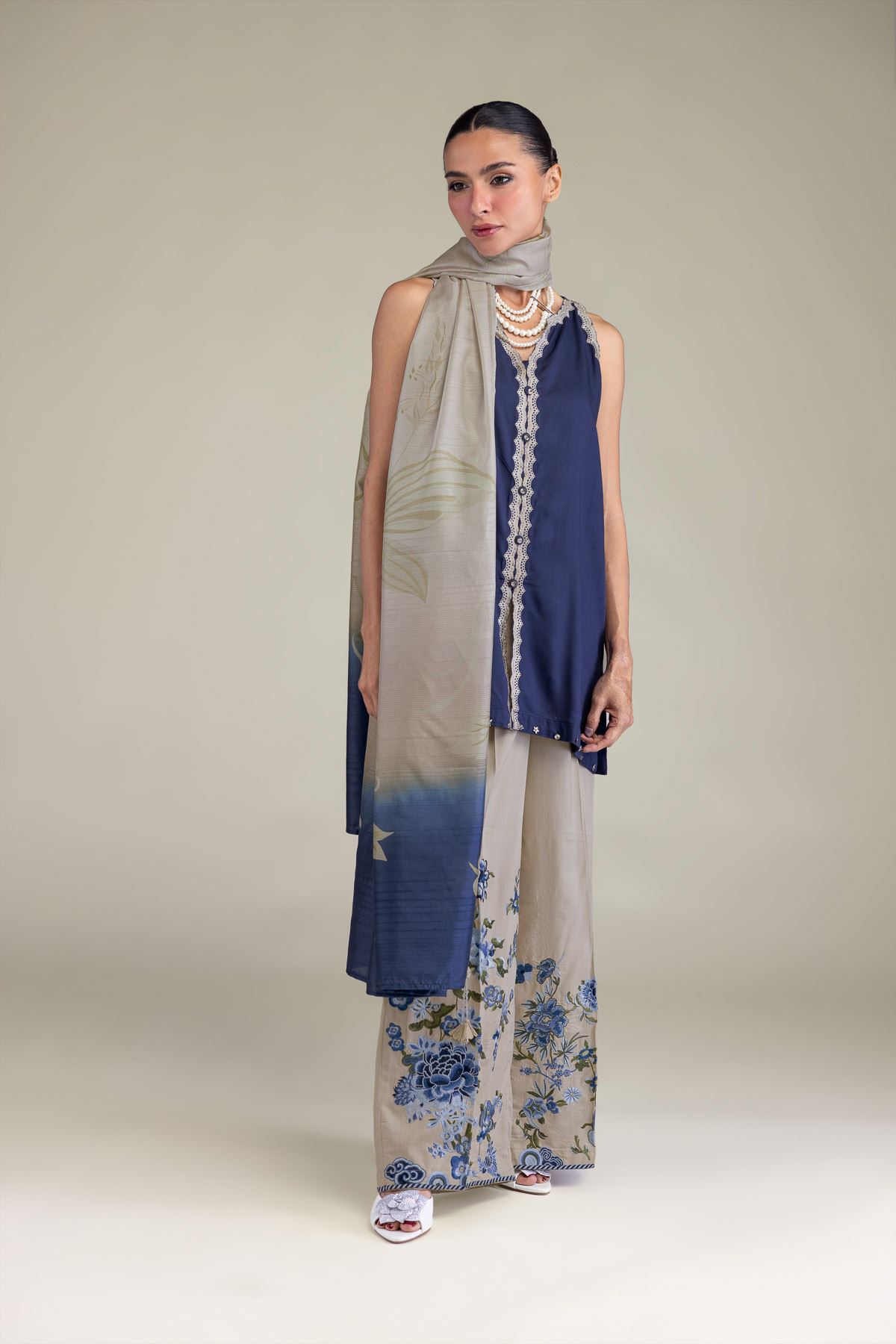 Embroidered Polyester Silk Floral Beige Dupatta - 2-26-202-A-C-VG