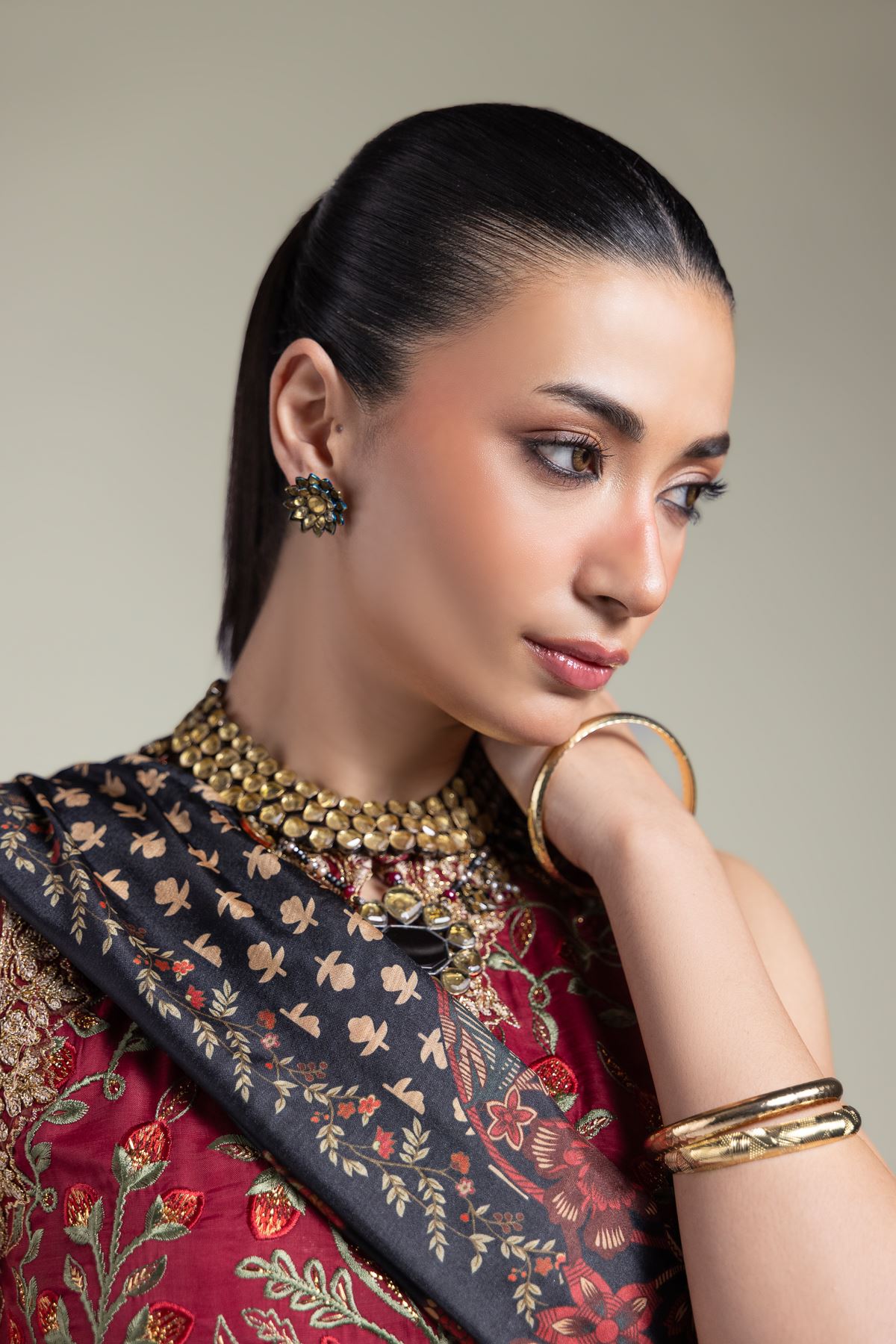 Embroidered Raw Silk Three-Piece Silk Set - 12-26-115-F-B-VG