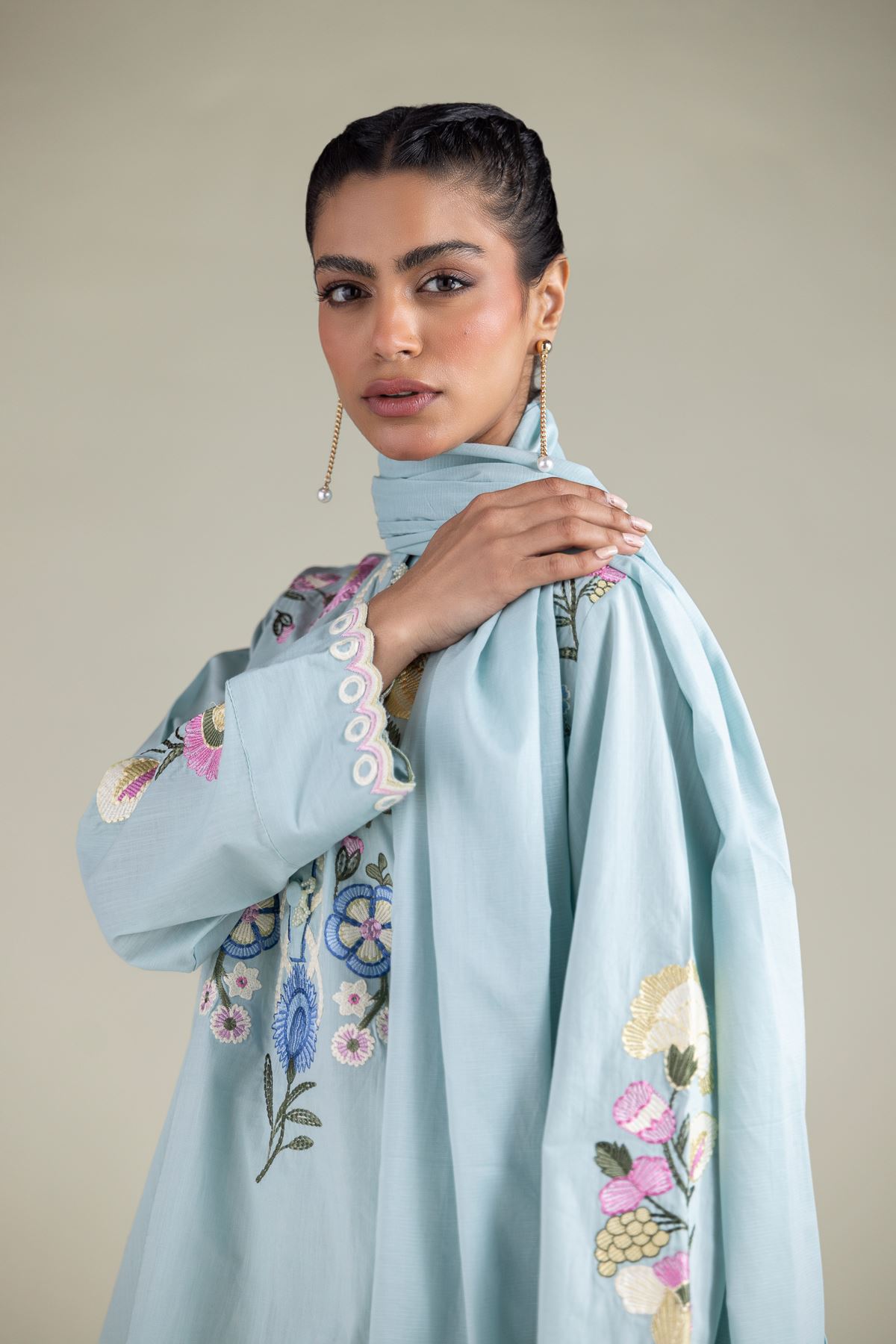 Embroidered Textured Cotton Floral Draped Dupatta - 1-26-108-A-C-VG