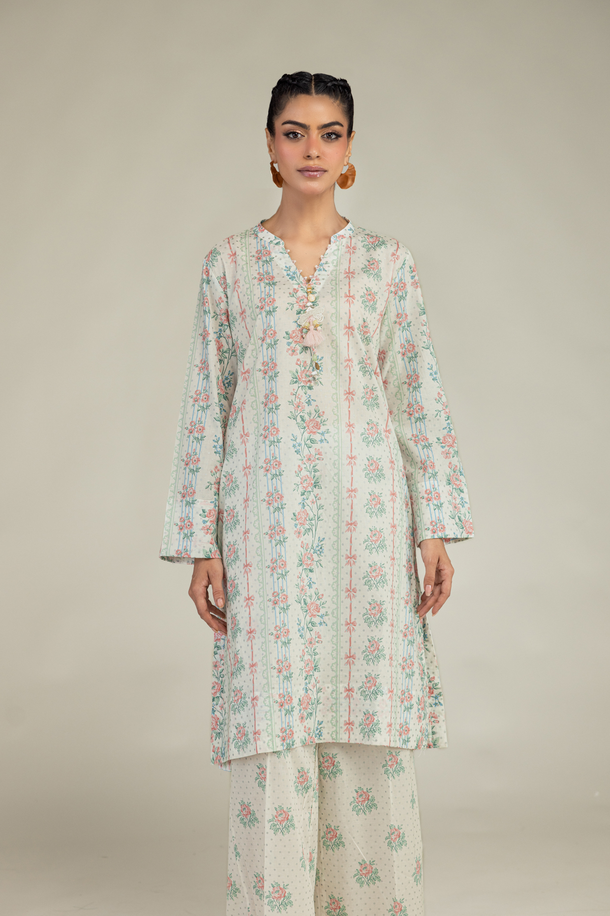 Printed Cambric Floral V-Neck Kurta - 1-26-236-A-D1-VG