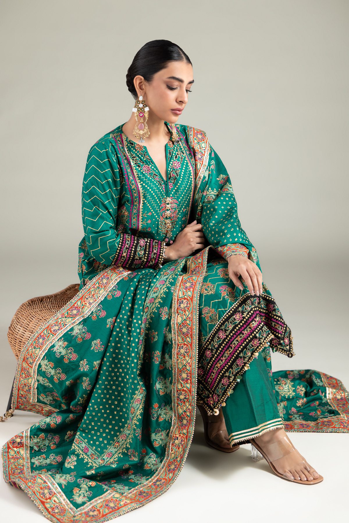 Printed Raw Silk 3 Piece Co-ord Set - 2-26-112-A-C-VG