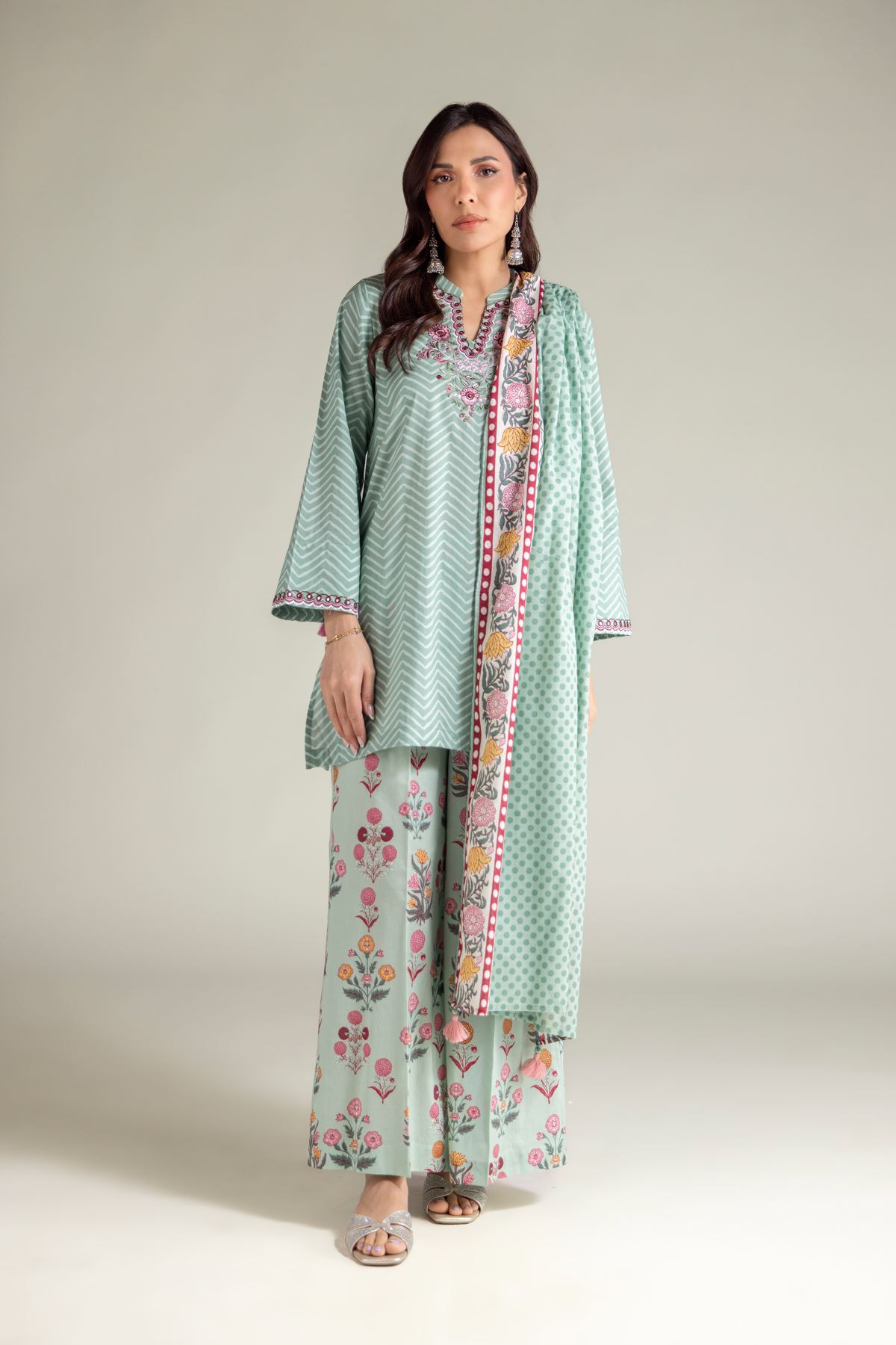 Embroidered Textured Lawn Floral Mint Dupatta - 25-09-10E4-04TB-VG