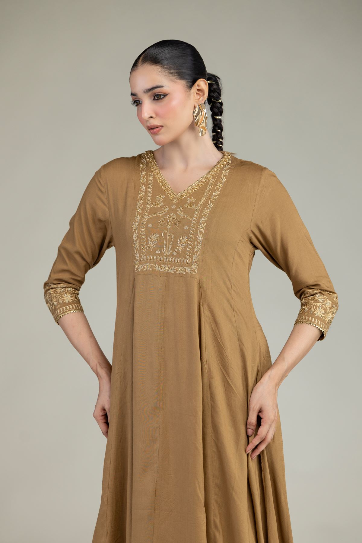 Embroidered Raw Silk V-Neck Silk Kurta - 2-26-203-A-F1-VG