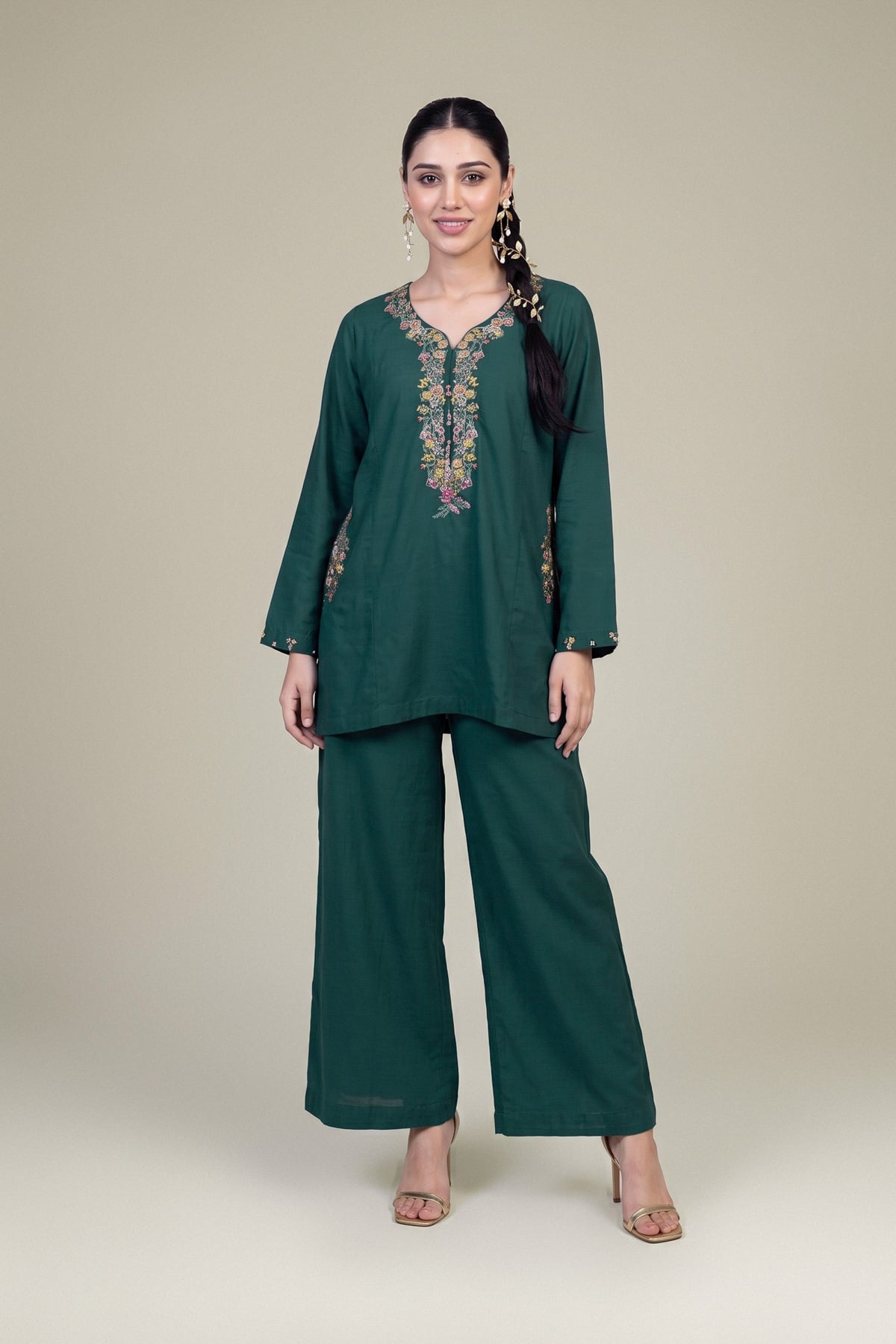 Embroidered Raw Silk Green Solid Pants - 2-26-403-A-F1-VG
