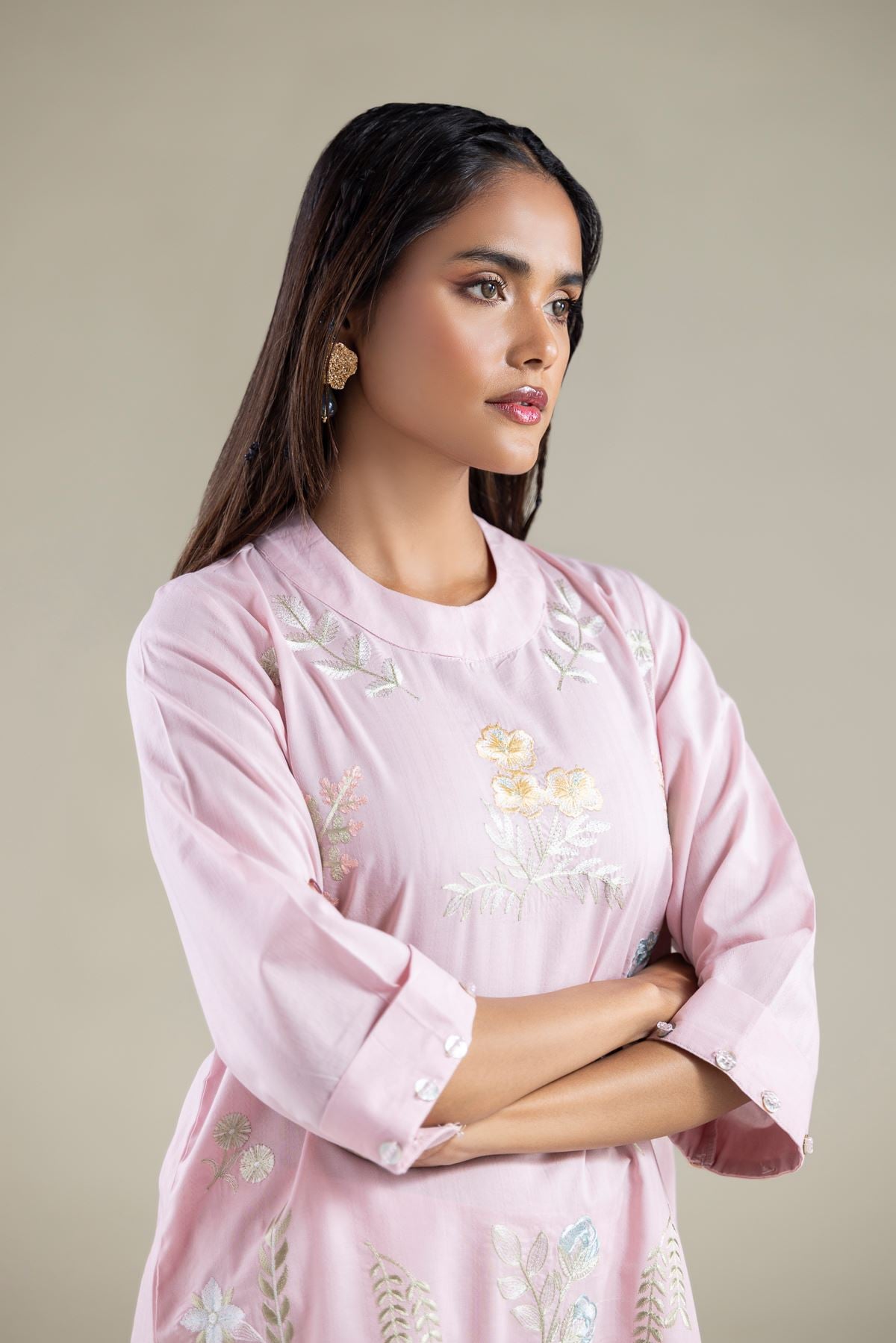 Embroidered Cotton Dobby Floral Threadwork Kurta - 25-00-X2-08TB-VG