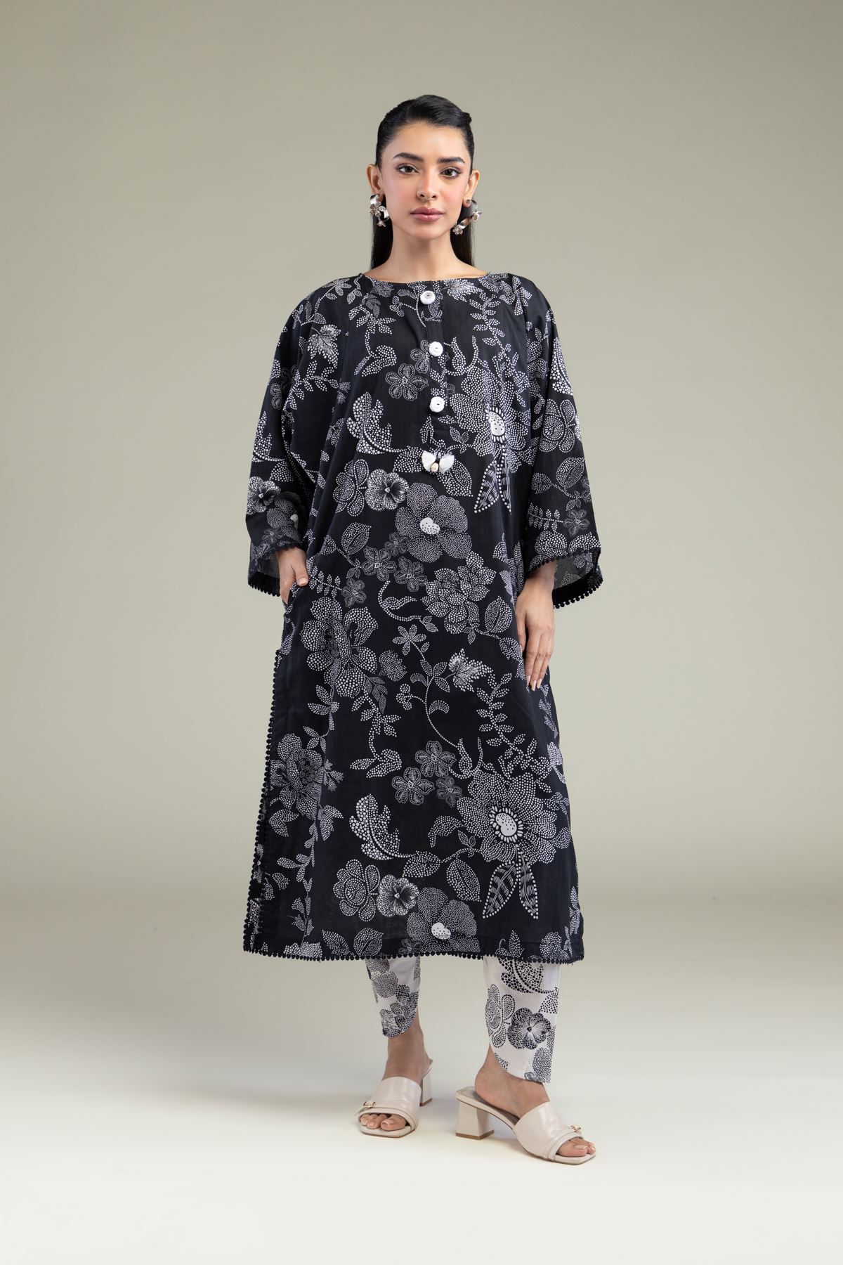Printed Cotton Dobby Black Longline Kurta - 1-26-219-A-D1-VG