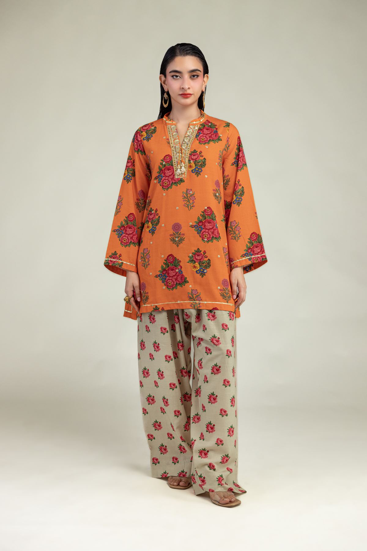 Embroidered Raw Silk Orange Floral Kurta - 1-26-221-A-G1-VG