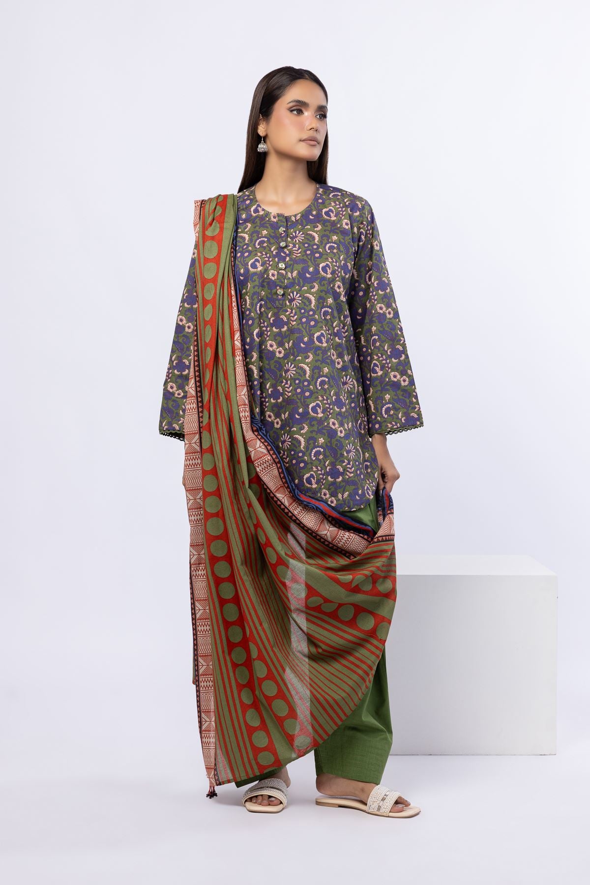 Printed Slub Lawn Dupatta - 25-05E57-01BB-VG