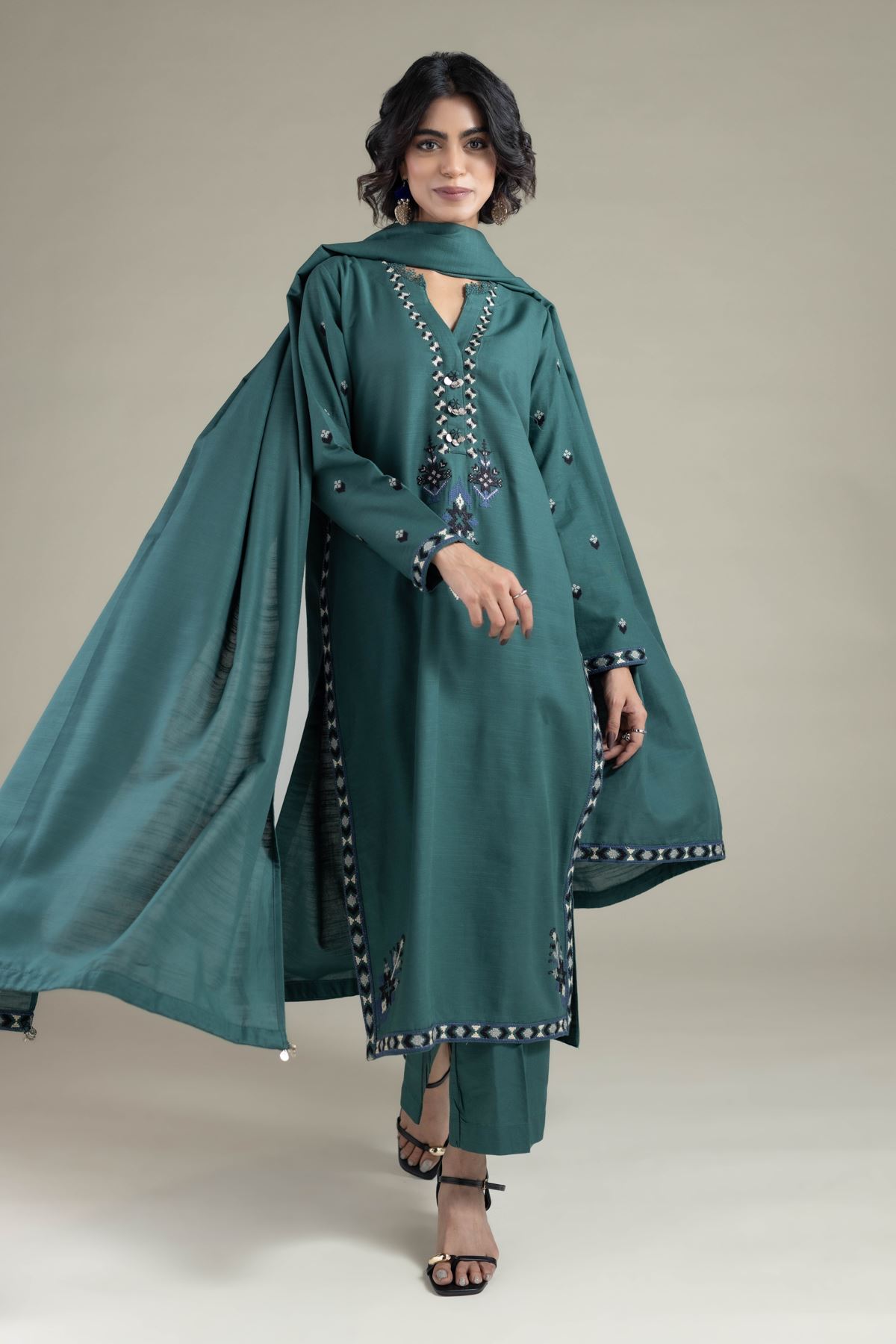 Embroidered Textured Cotton Dupatta - DCH08BC-VG