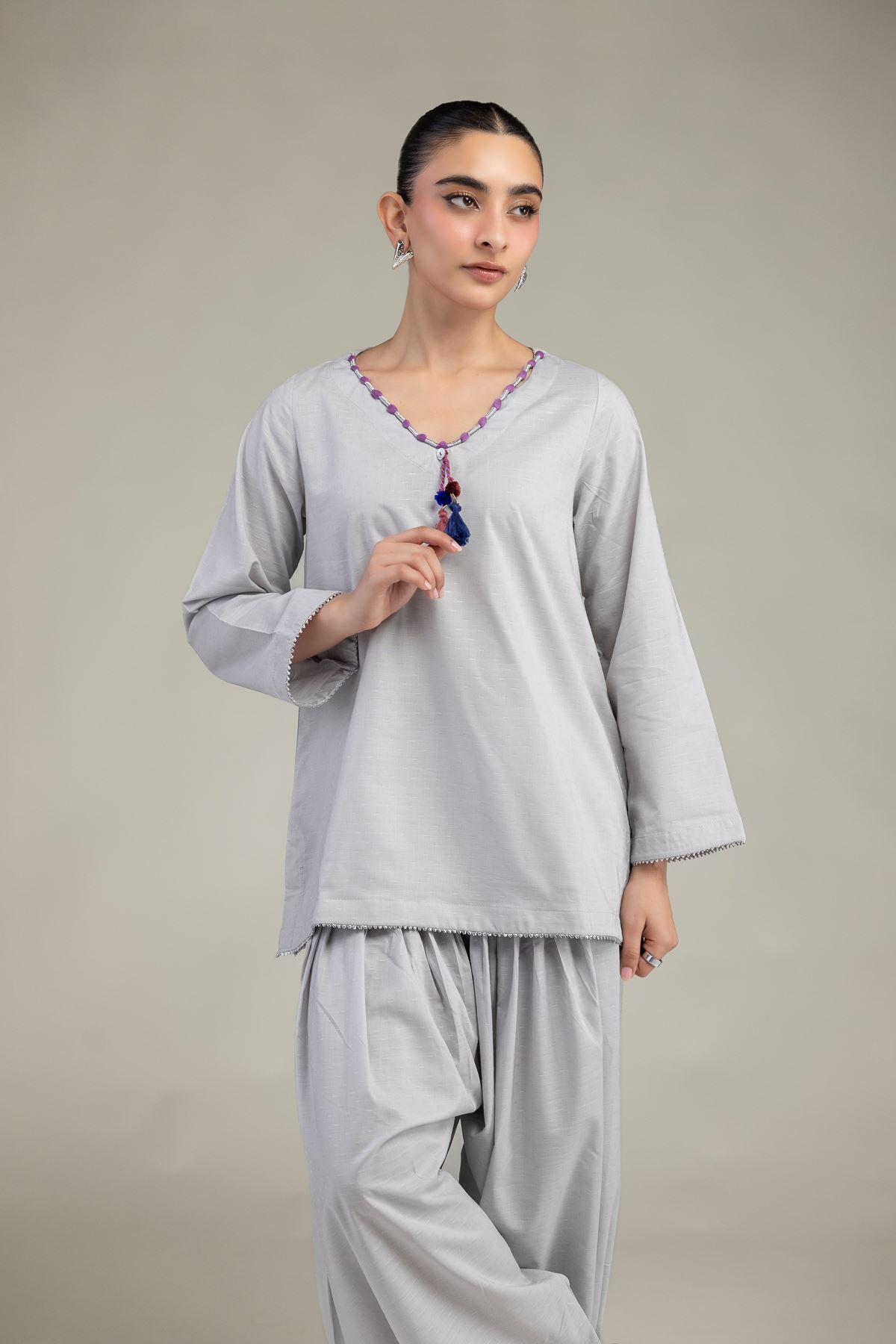 Embroidered Textured Cotton Viscose Gray Cotton Kurta - 8-26-304-A-B1-VG