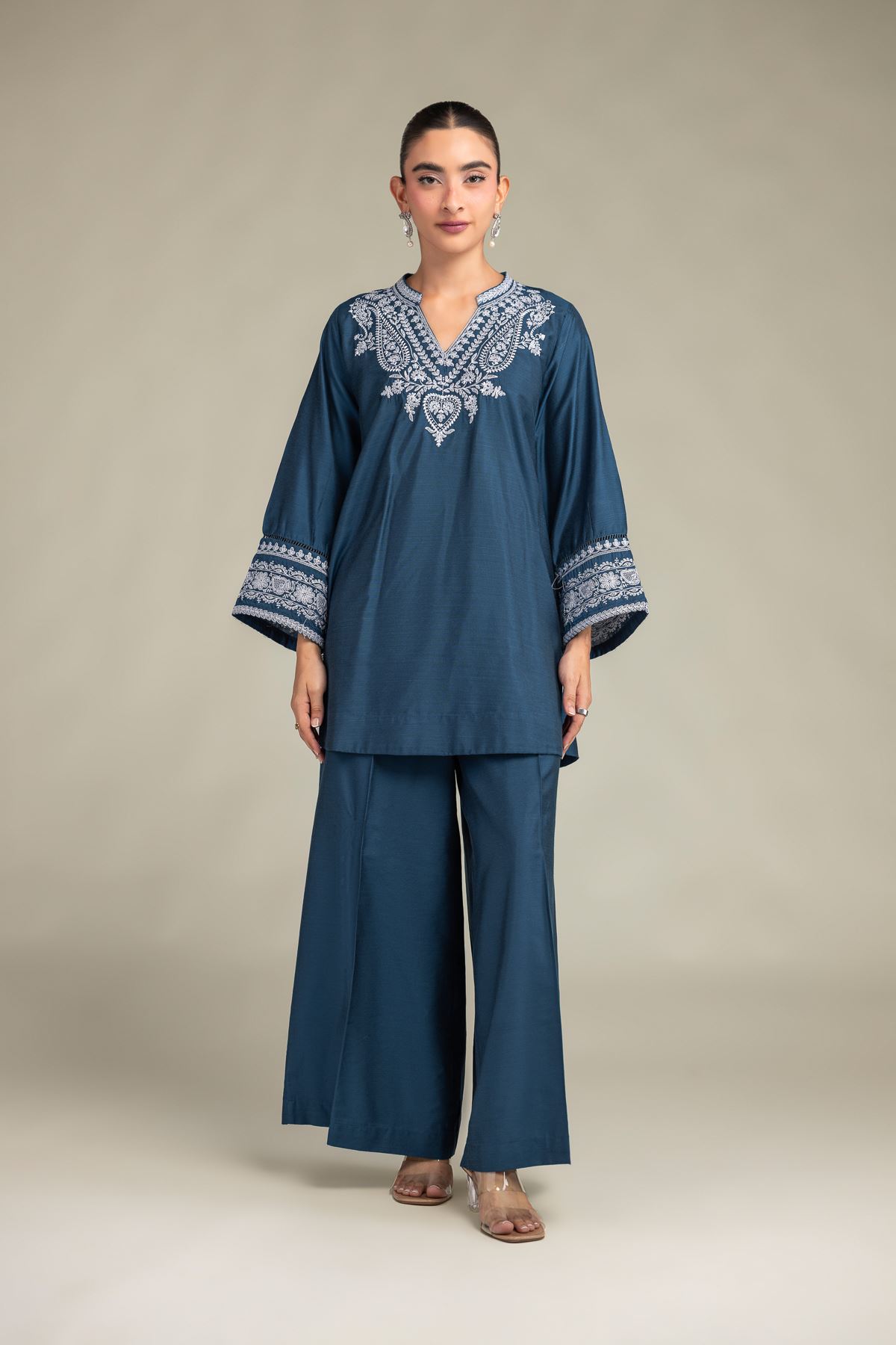 Printed Raw Silk Solid Teal Pants - 1-26-102-A-F-VG