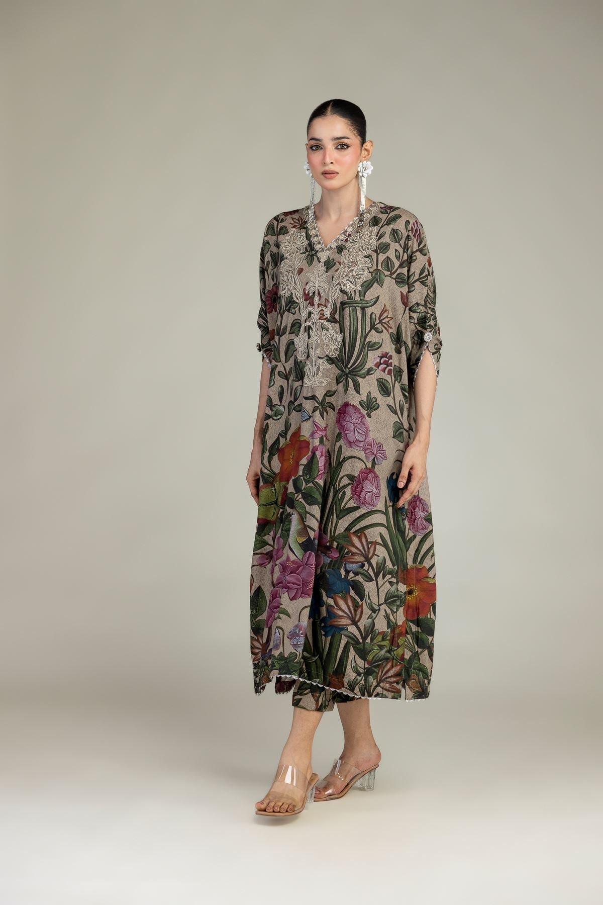 Embroidered Raw Silk Floral Long Kurta - 2-26-203-A-F1-VG