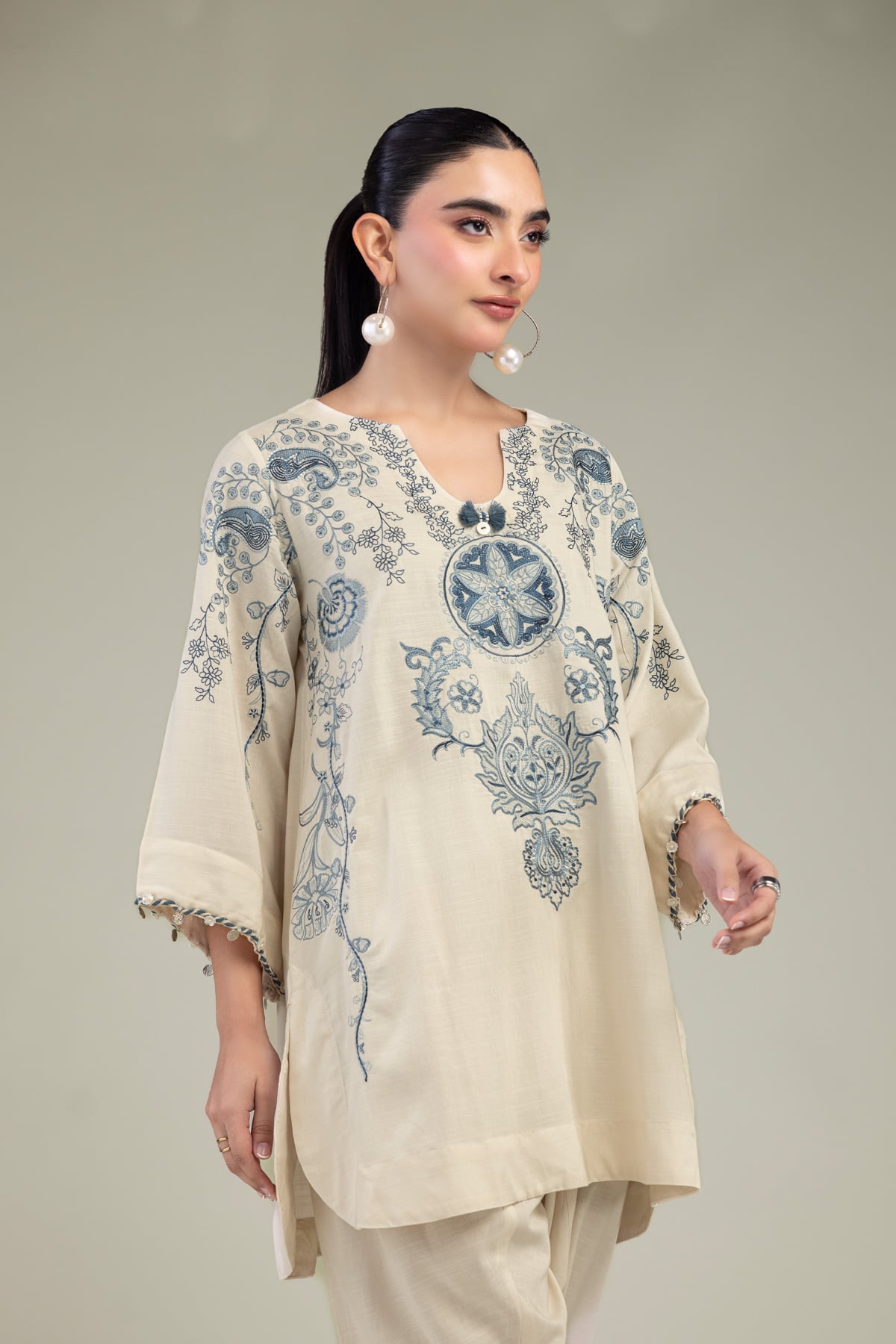 Embroidered Raw Silk Short Silk Kurta - 1-26-309-B-D1-VG