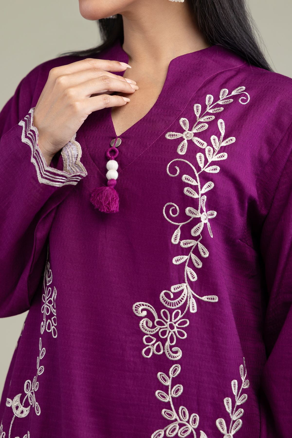 Embroidered Cotton Dobby Floral Longline Kurta - 1-26-247-B-E1-VG