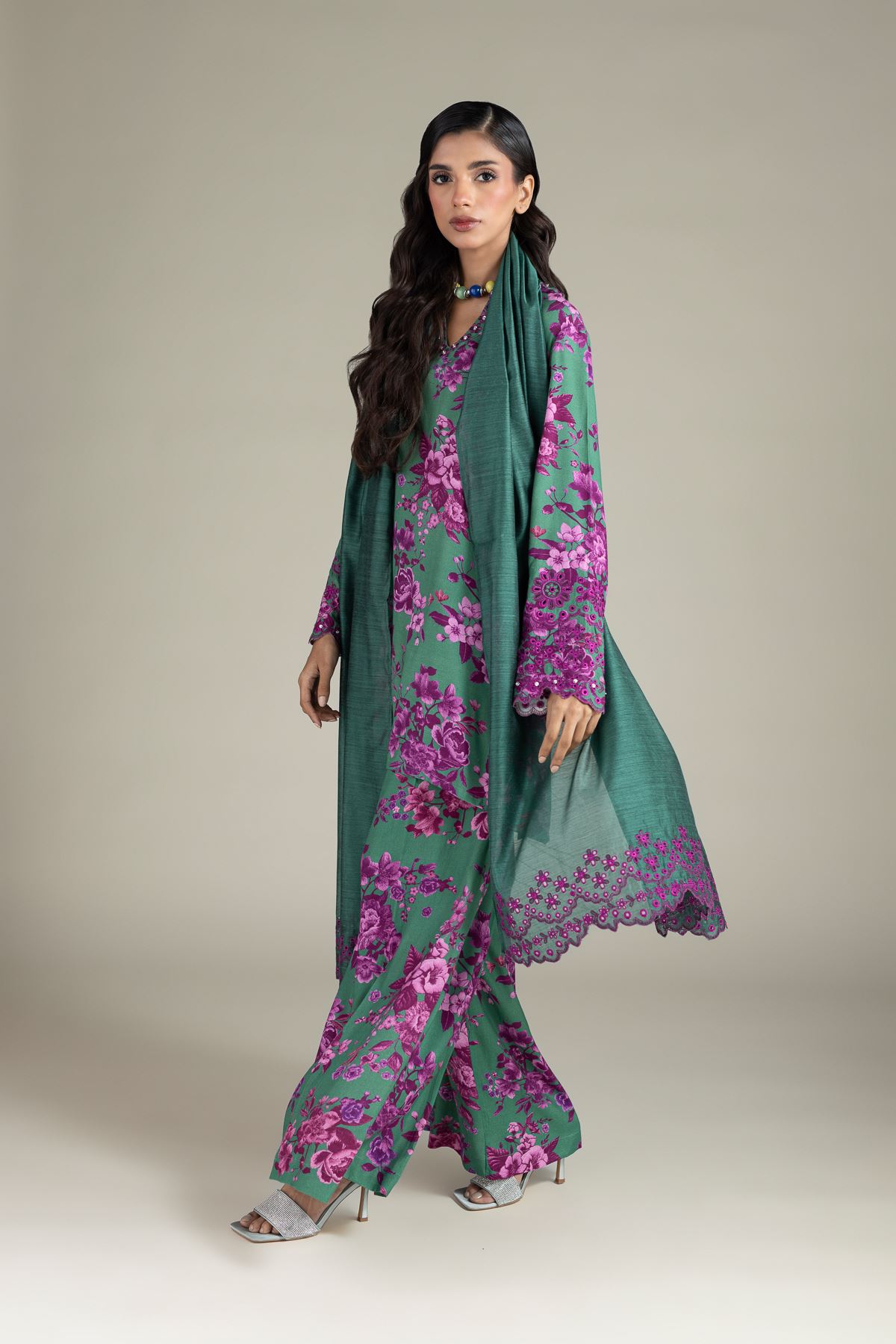 Embroidered Raw Silk 3-Piece Tailored Set - T-A22-26-122FE1-VG