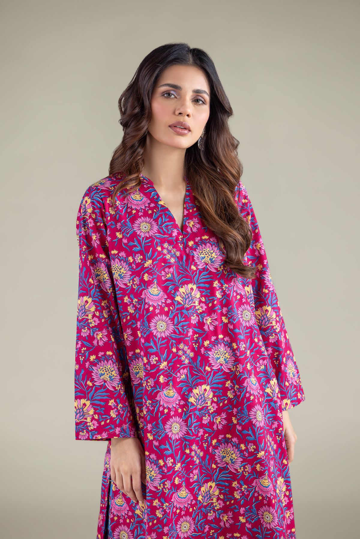 Printed Cambric Floral Longline Kurta - 5-26-102-F-A-VG